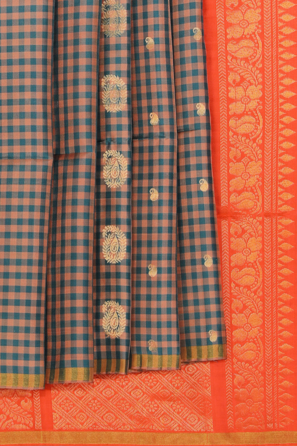 Kalanjali Gorgeous Teal Blue Saree With Coral-Orange Pallu