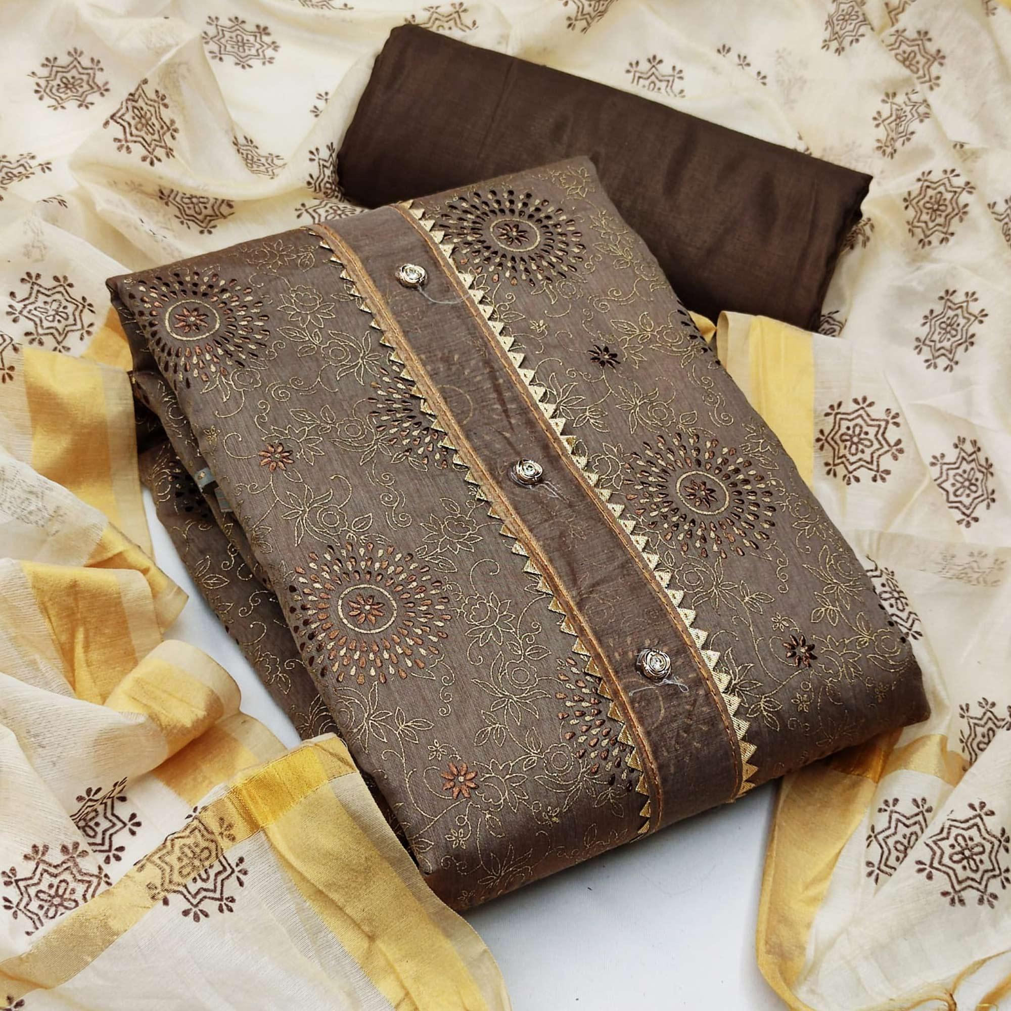 Peachmode Dark Chiku Casual Wear Foil & Printed Chanderi Dress Material