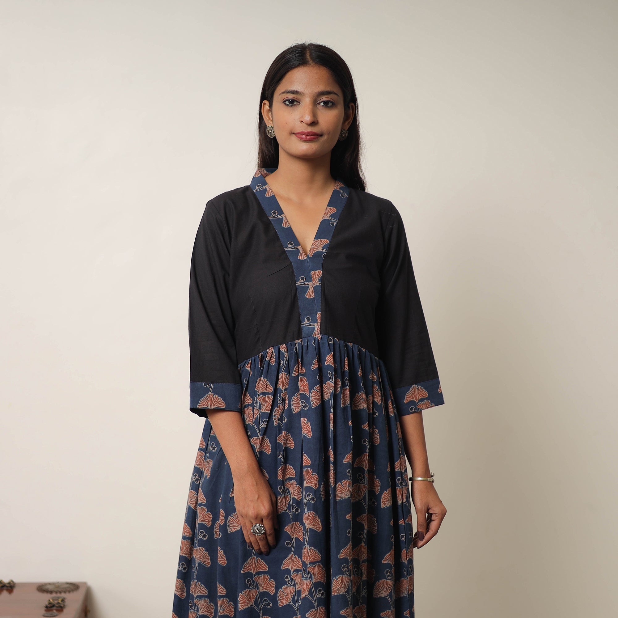 ITOKRI CASUALS Blue - Hand Block Print Cotton Flared Gher Ajrakh Dress 01