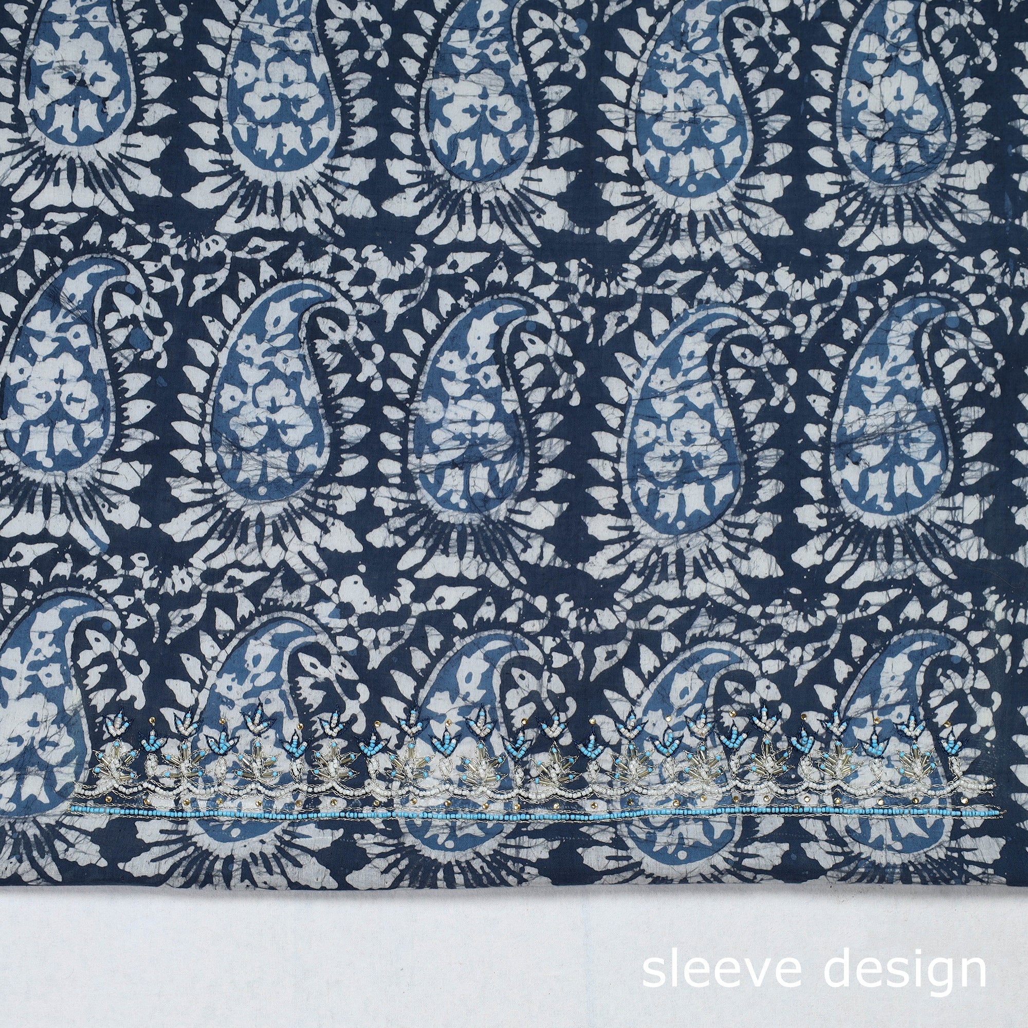 NOORI BAZAR Blue - Batik Printed Thread & Bead Work Hand Embroidery Cotton Blouse Piece - view 3