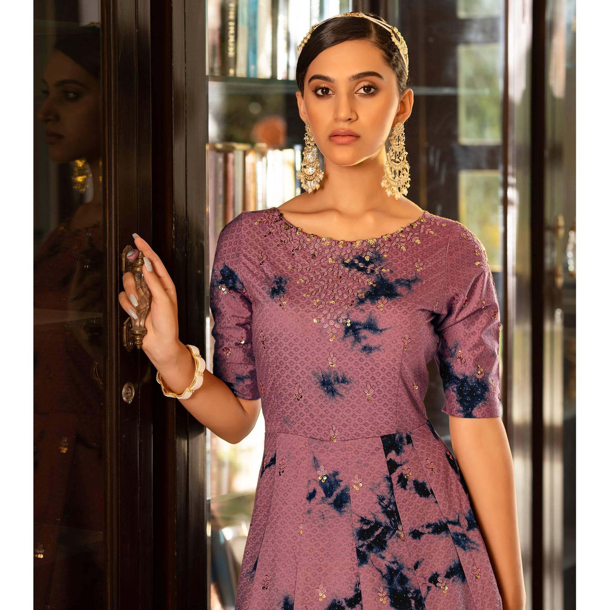 Peachmode Dusty Pink Digital Printed With Sequins Embroidered Cotton Blend Gown - view 4