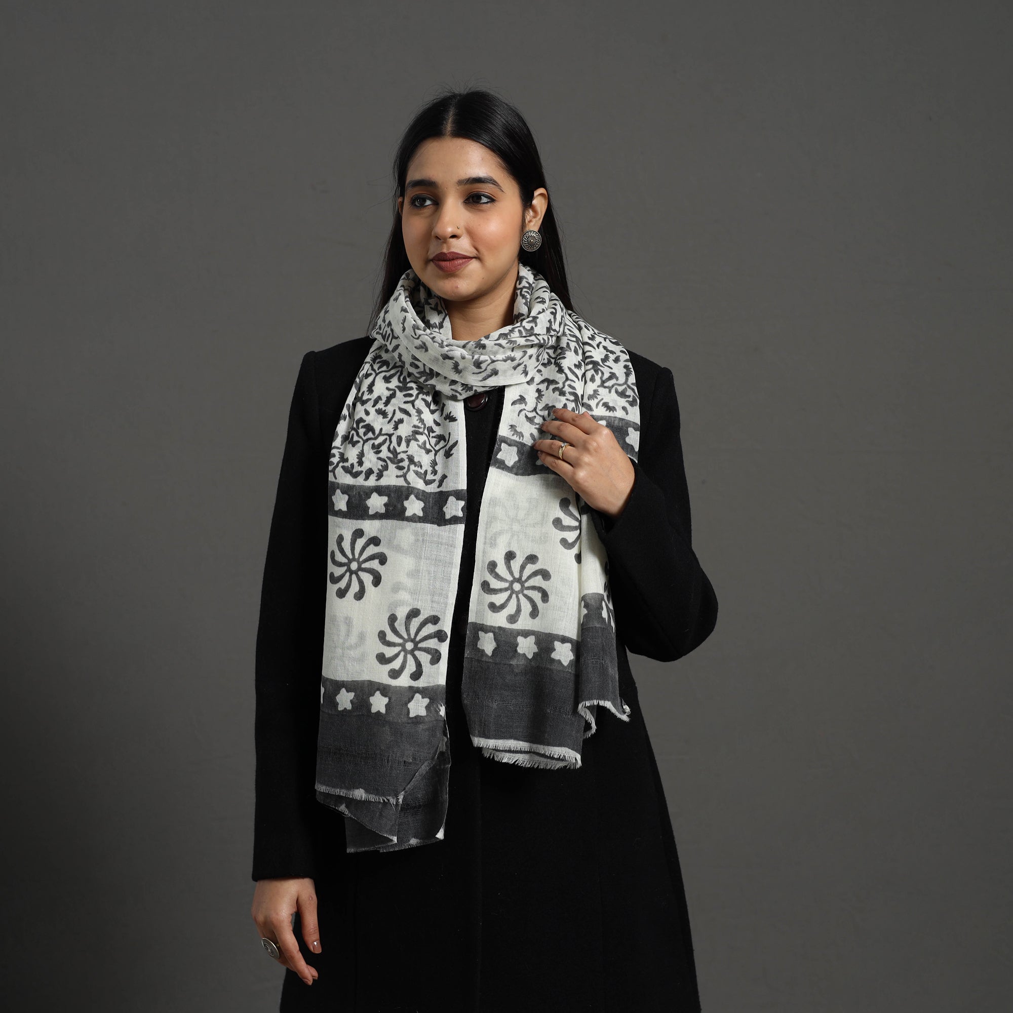 KUSUMLATA Black - Pure Wool Block Print Sanganeri Stole 48