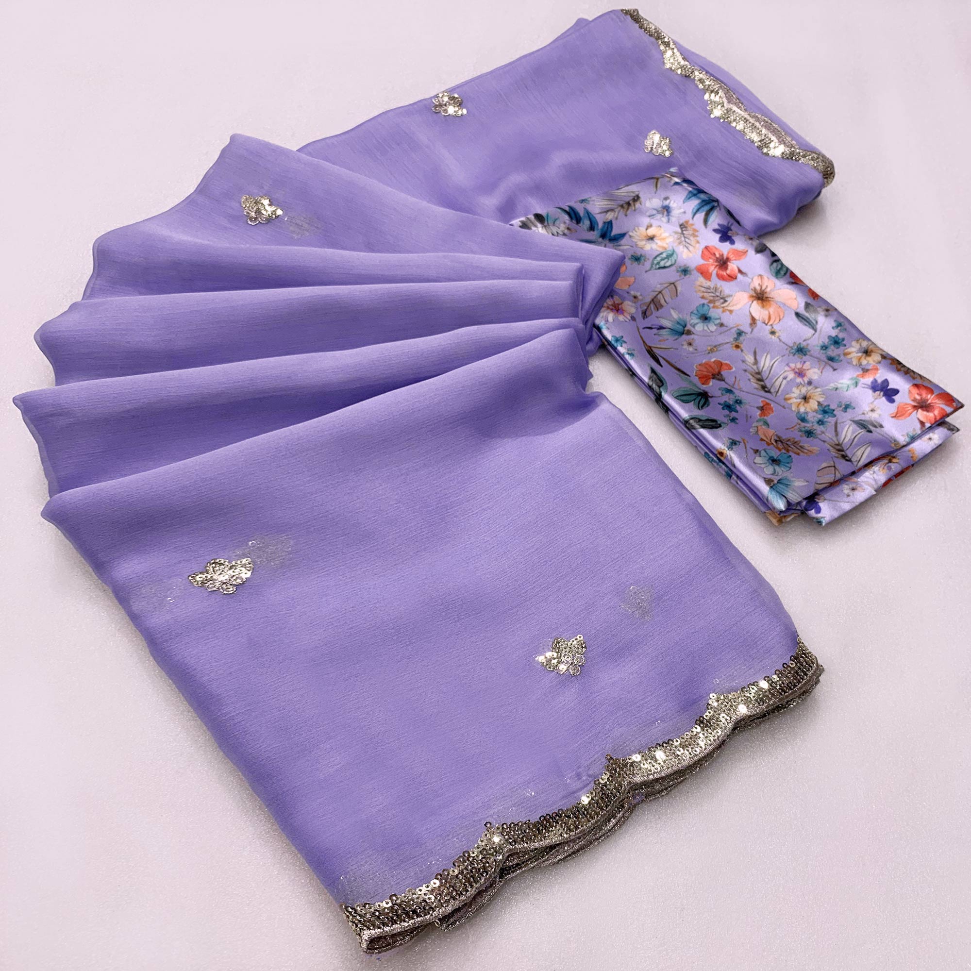 Peachmode Lavender Floral Sequins Embroidered Chiffon Saree