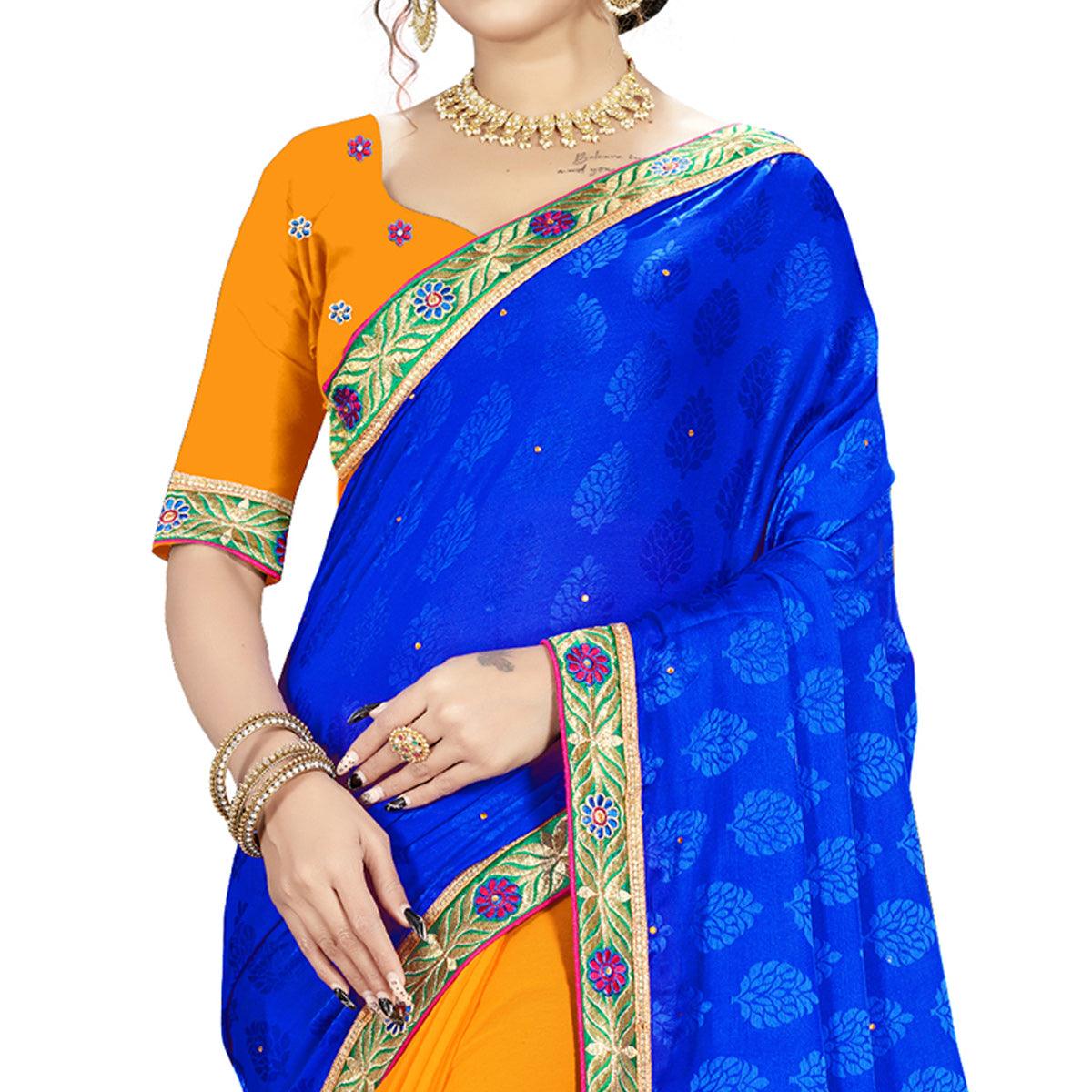 Peachmode Ethnic Blue-Orange Colored party Wear Embroidered Georgette Half-Half Saree - view 2