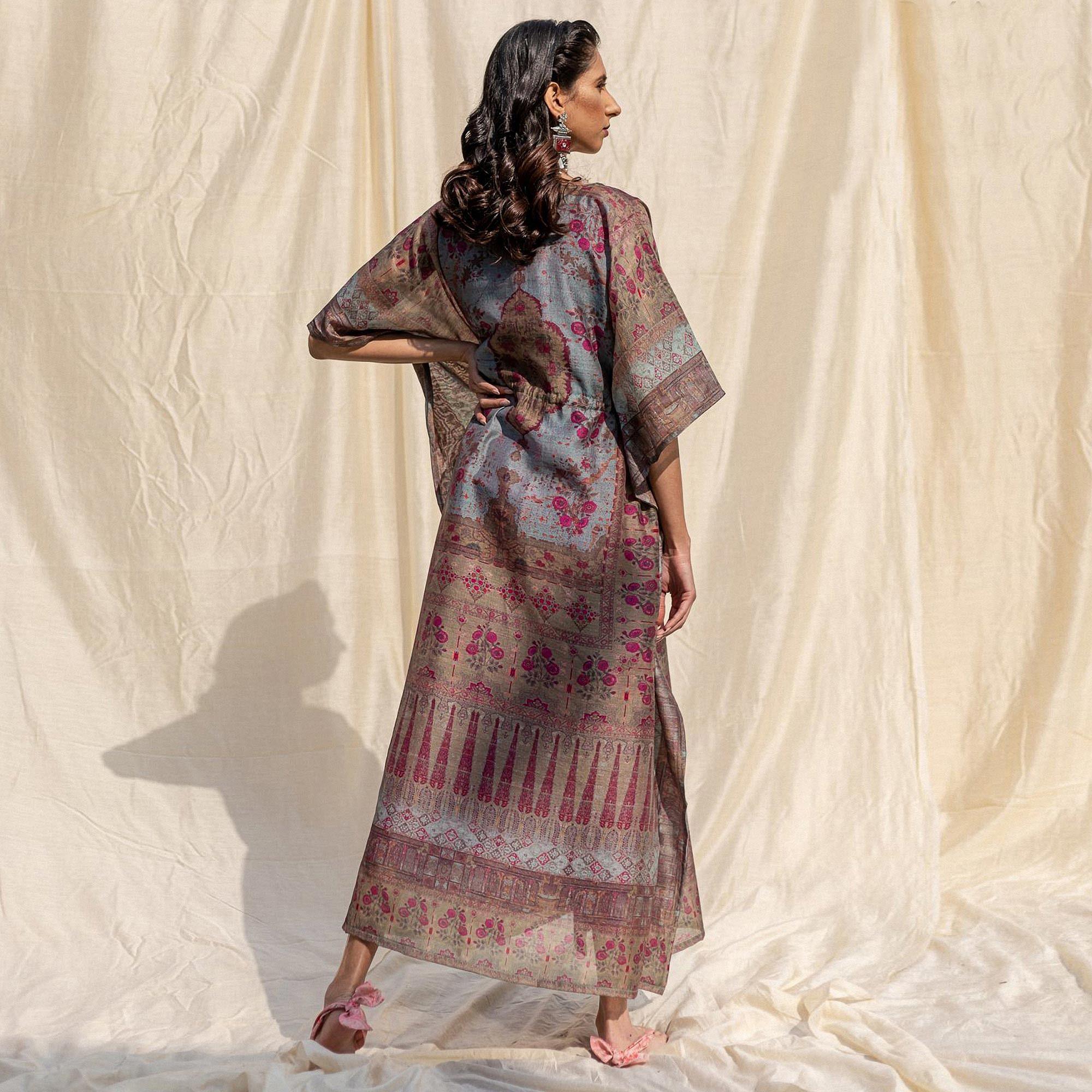 Peachmode Seller Brown Casual Wear Floral Digtial Printed Silk Kaftan Kurti - view 2