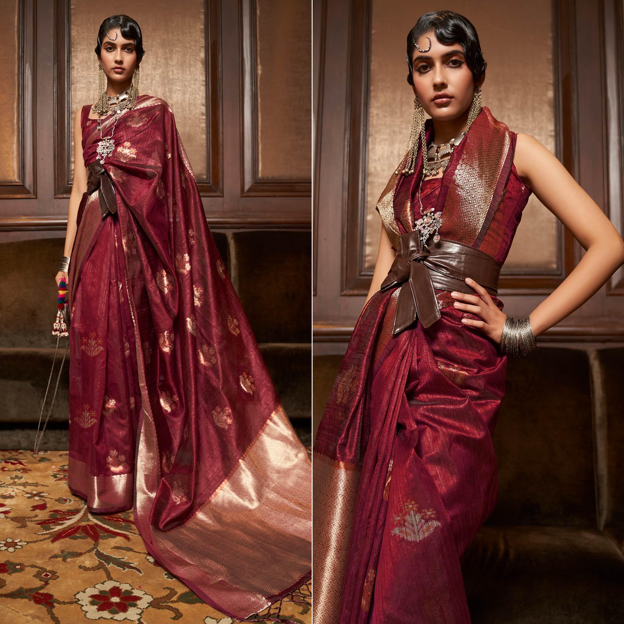 Peachmode Maroon Woven Pure Silk Saree With Tassels