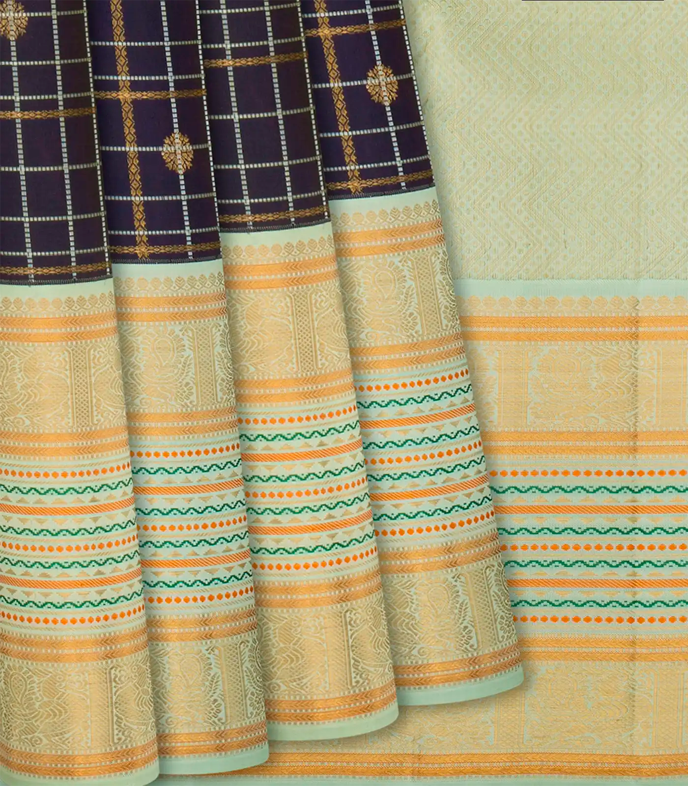 RmKV Brown Handloom Kanchipuram Korvai Silk Saree With Checks-Brown