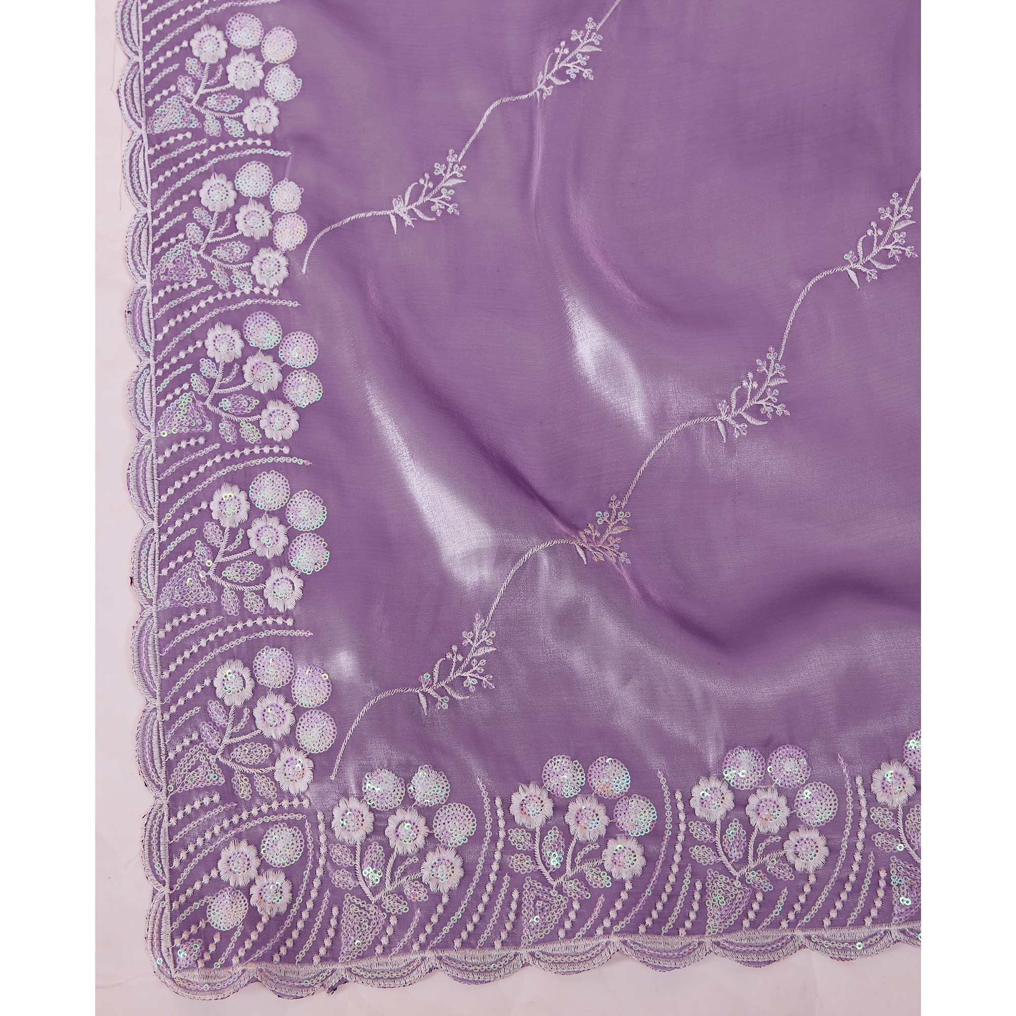 Peachmode Lavender Floral Sequins Embroidered Jimmy Choo Tissue Saree - view 8