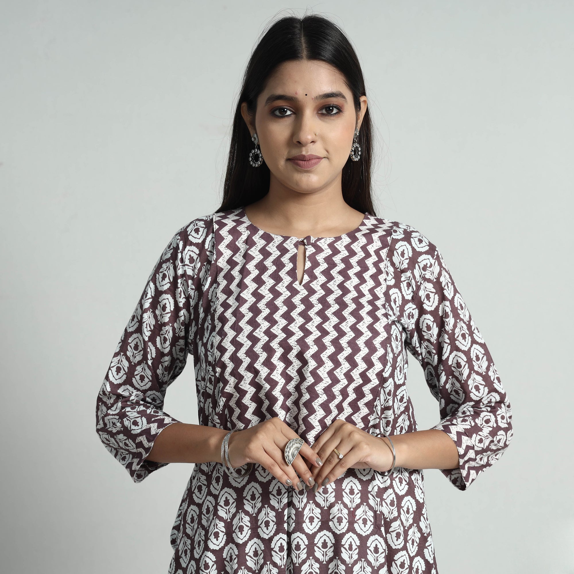 ITOKRI CASUALS Brown - Jaipur Screen Printed Patchwork Cotton A-Line Long Kurta