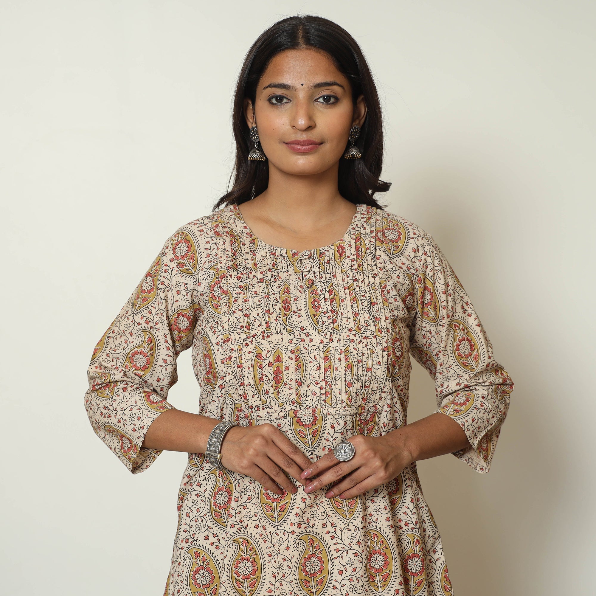 ITOKRI CASUALS Beige - Pedana Kalamkari Hand Block Printed Cotton Pintuck A-Line Kurta 57