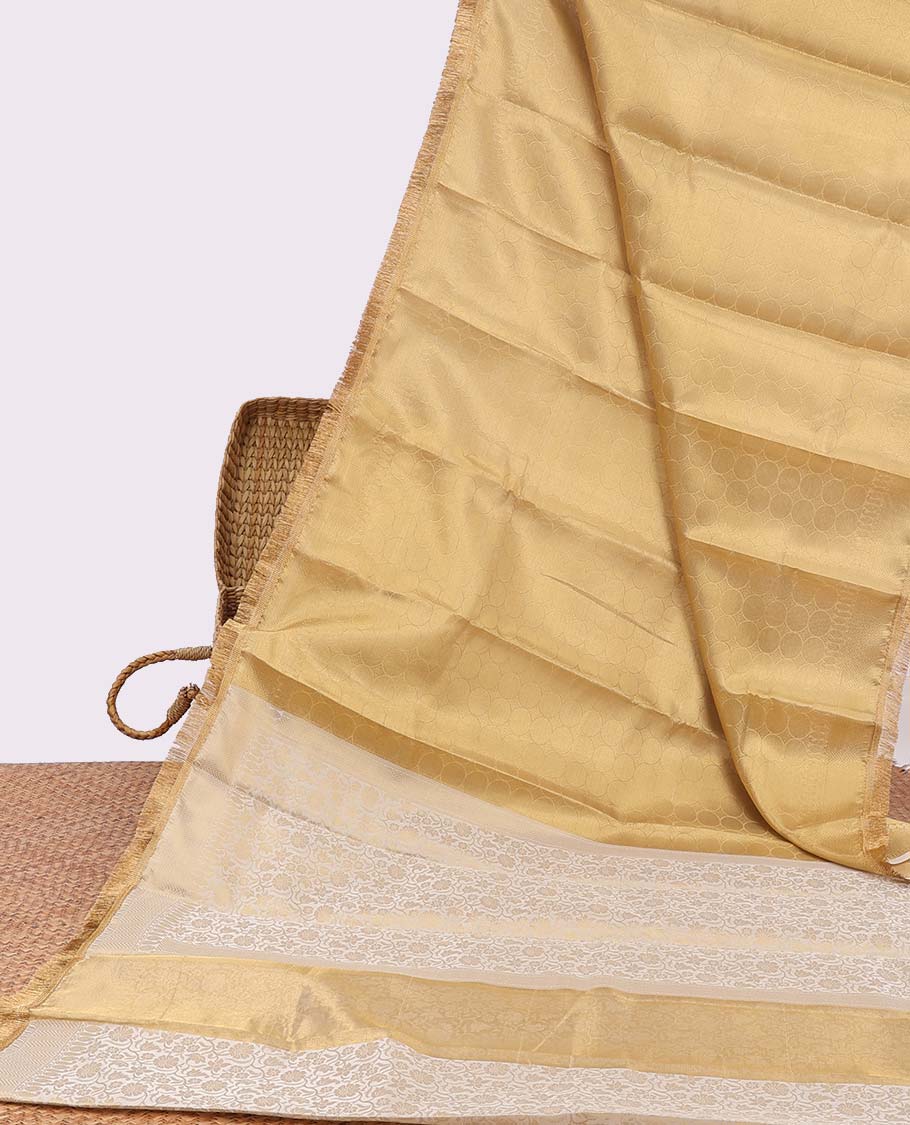 Pothys Mustard geometric design semi-banaras tissue silk saree with fringe border & floral vine design pallu