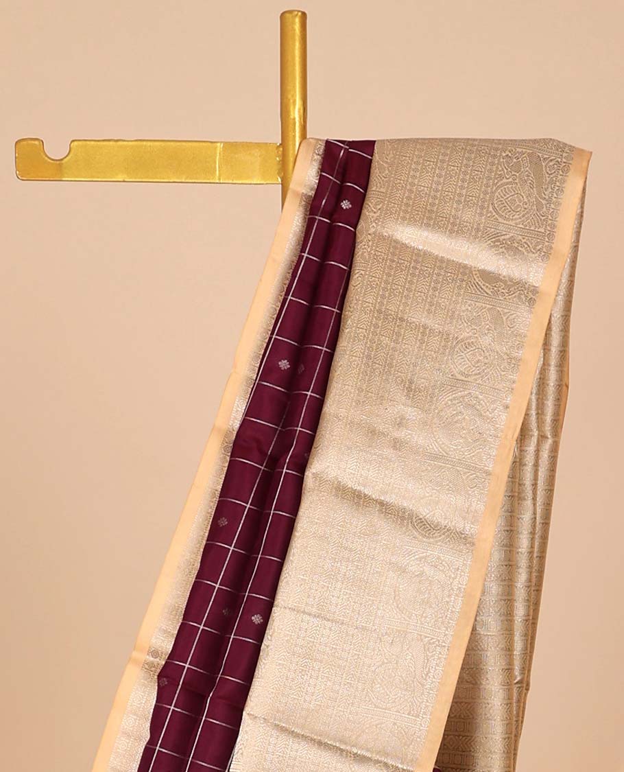 Pothys Maroon buttas & checked silk saree, contrast intricate pallu & border steeped with traditional zari motifs - view 3
