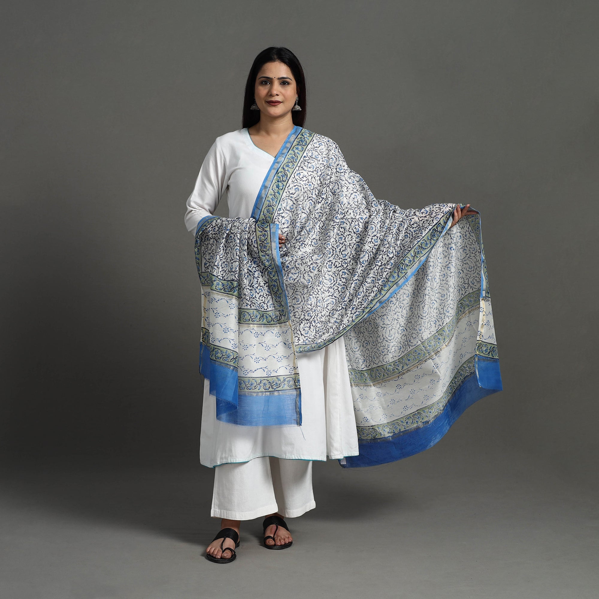 ARTISAN HAND BLOCK PRINTS Blue - Block Print Handloom Chanderi Silk Sanganeri Dupatta 03 - view 2