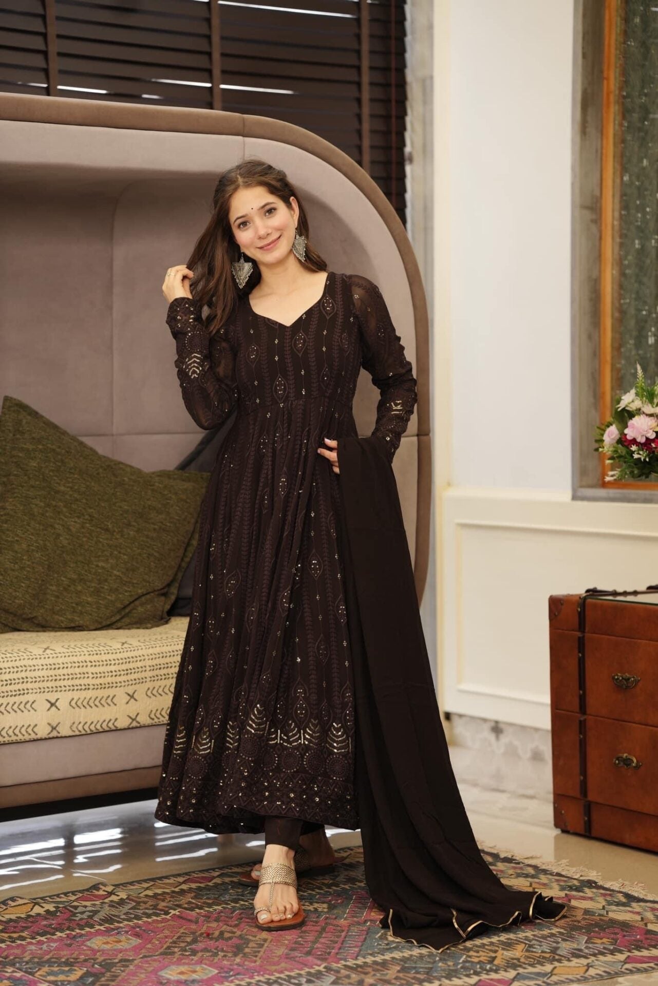 Idaho-o brown embroidered georgette suit set