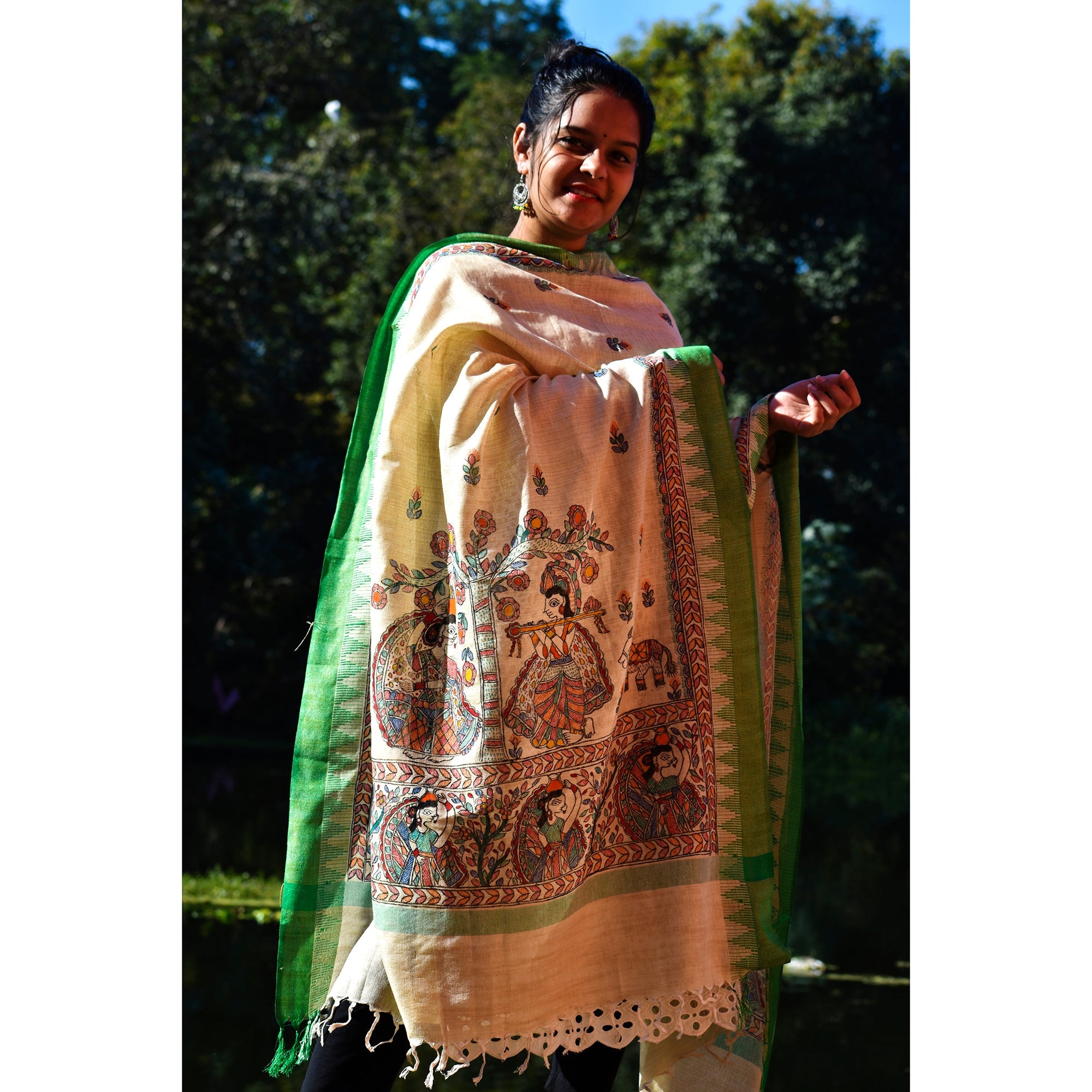 DIORAMA DESIGNS Beige - Madhubani Hand-Painted Cotton Dupatta