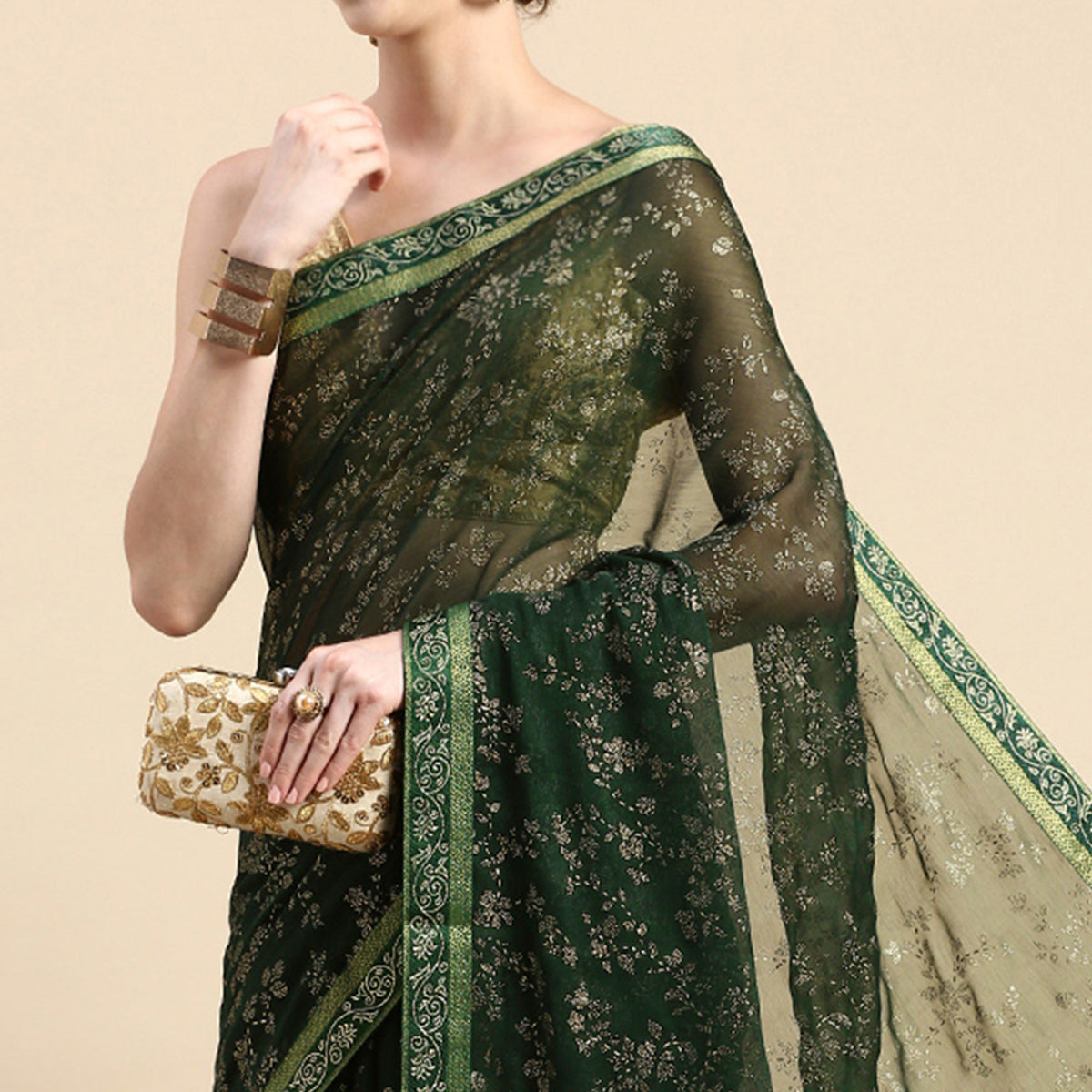 BlackTree green-floral-foil-printed-shimmer-saree - view 3