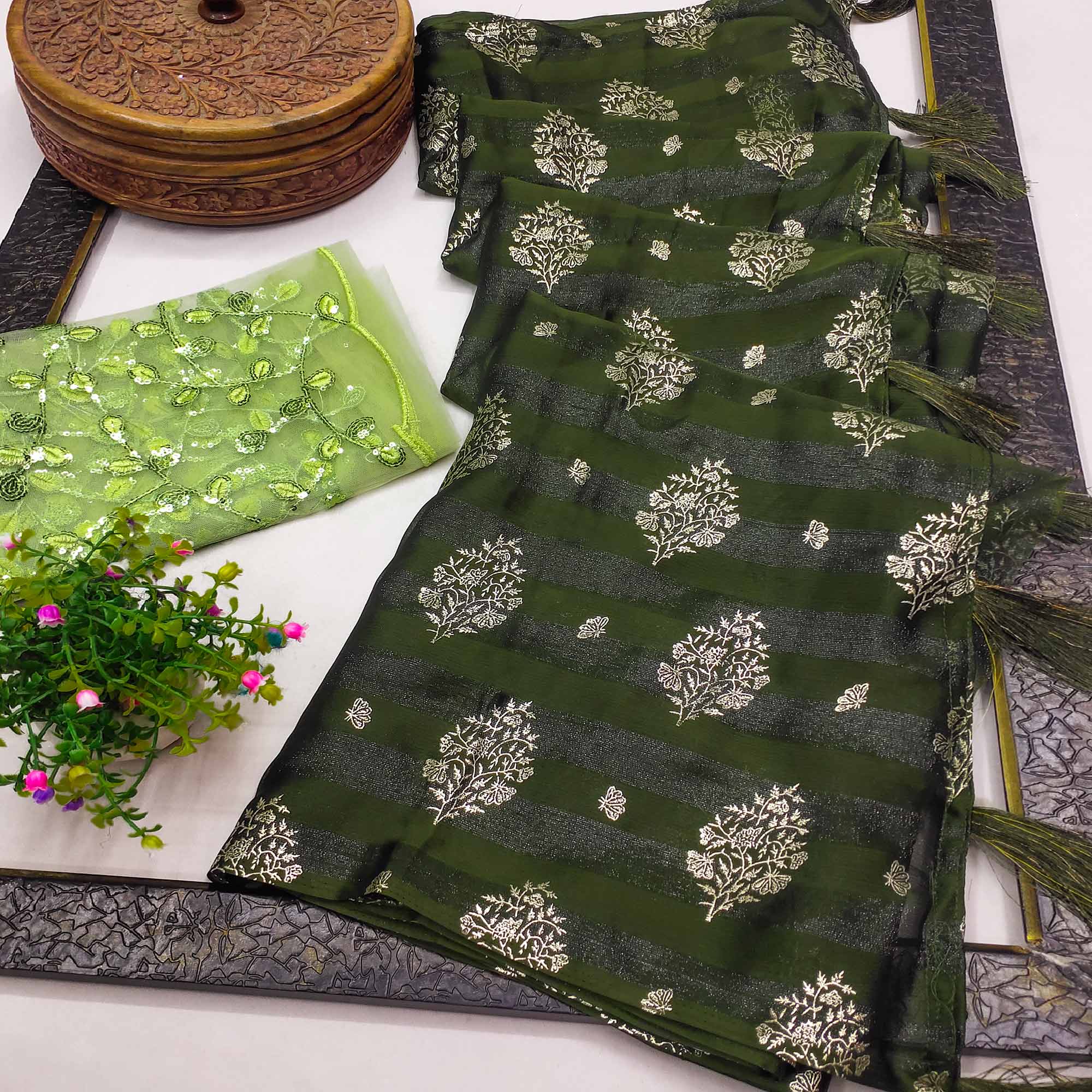 Peachmode Mehendi Green Foil Printed Chiffon Saree