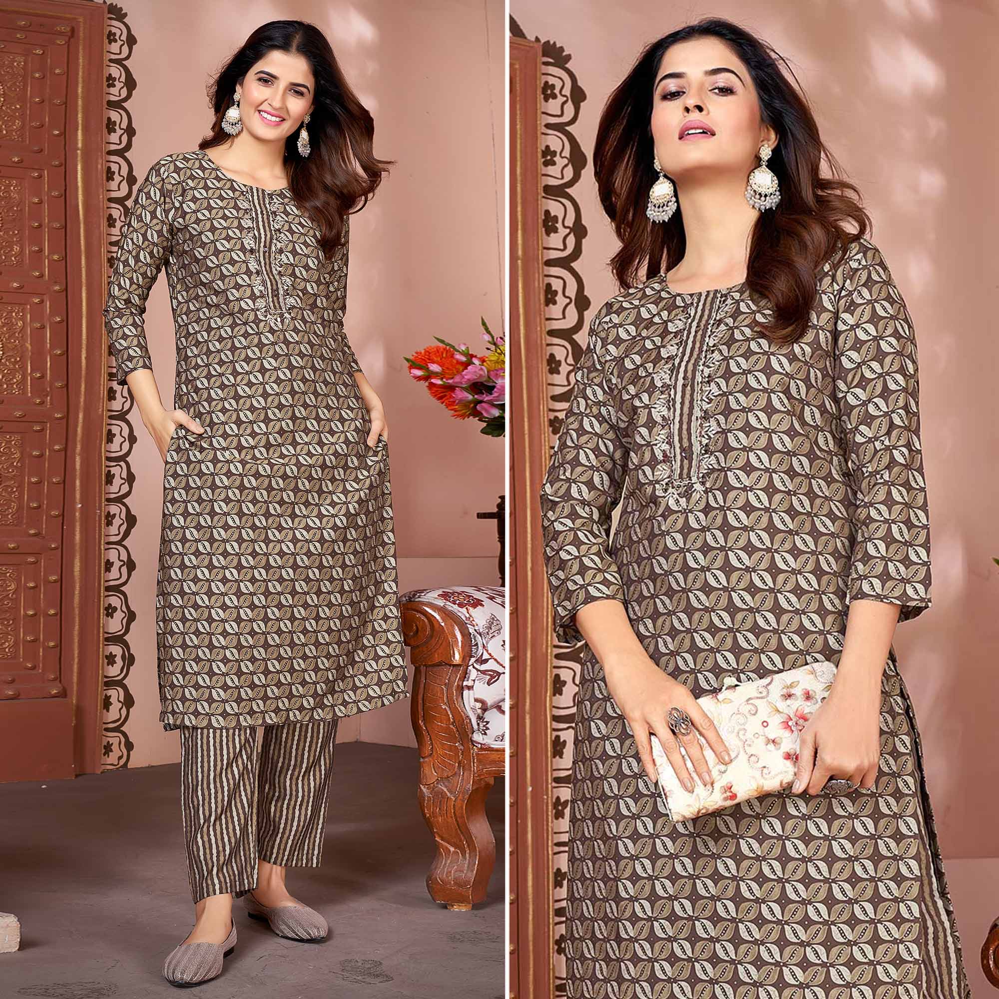 Peachmode Seller Brown Foil Printed Viscose Straight Kurti Sets