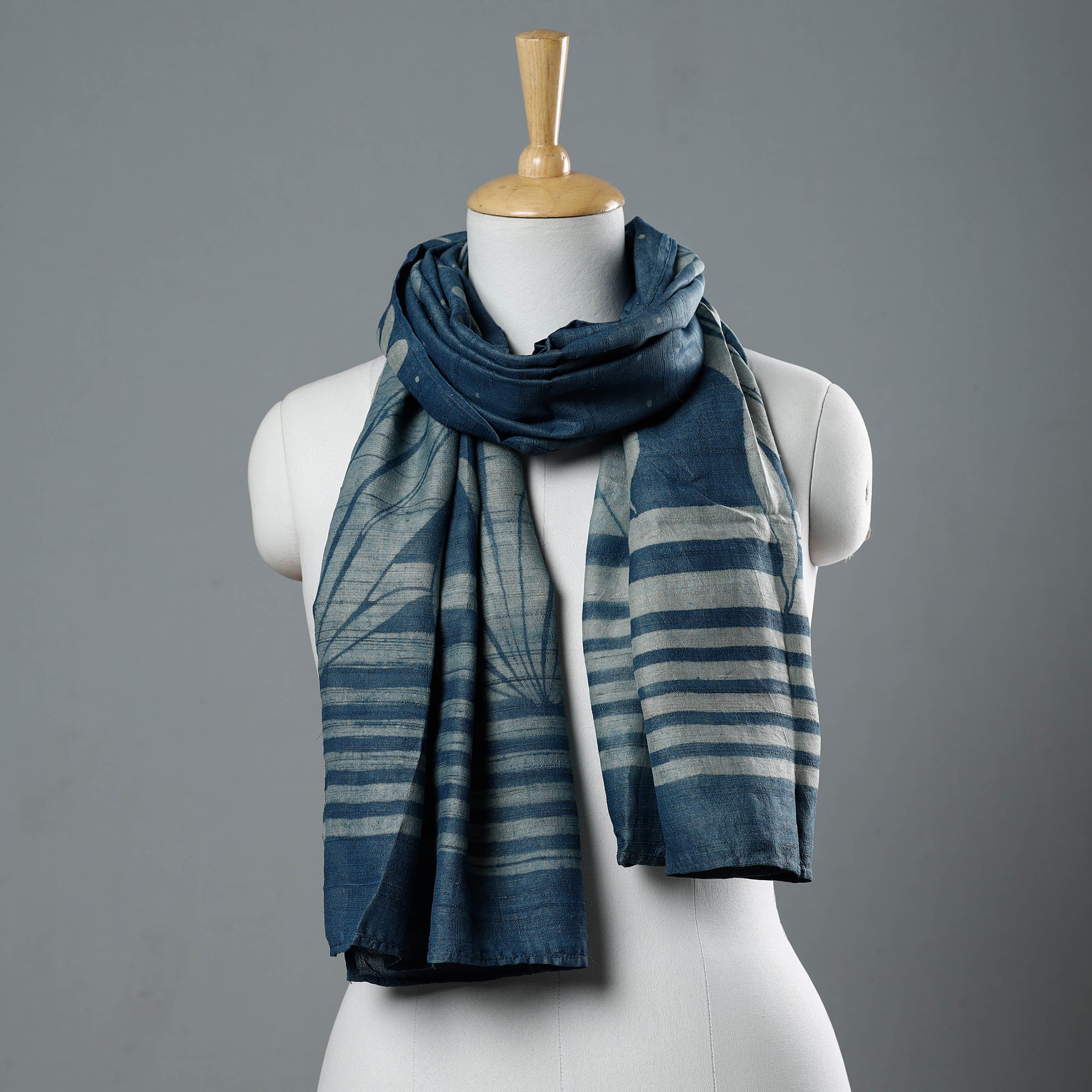 BINDAAS UNLIMITED Blue - Block Art Print Natural Dyed Tussar Silk Bindaas Stole