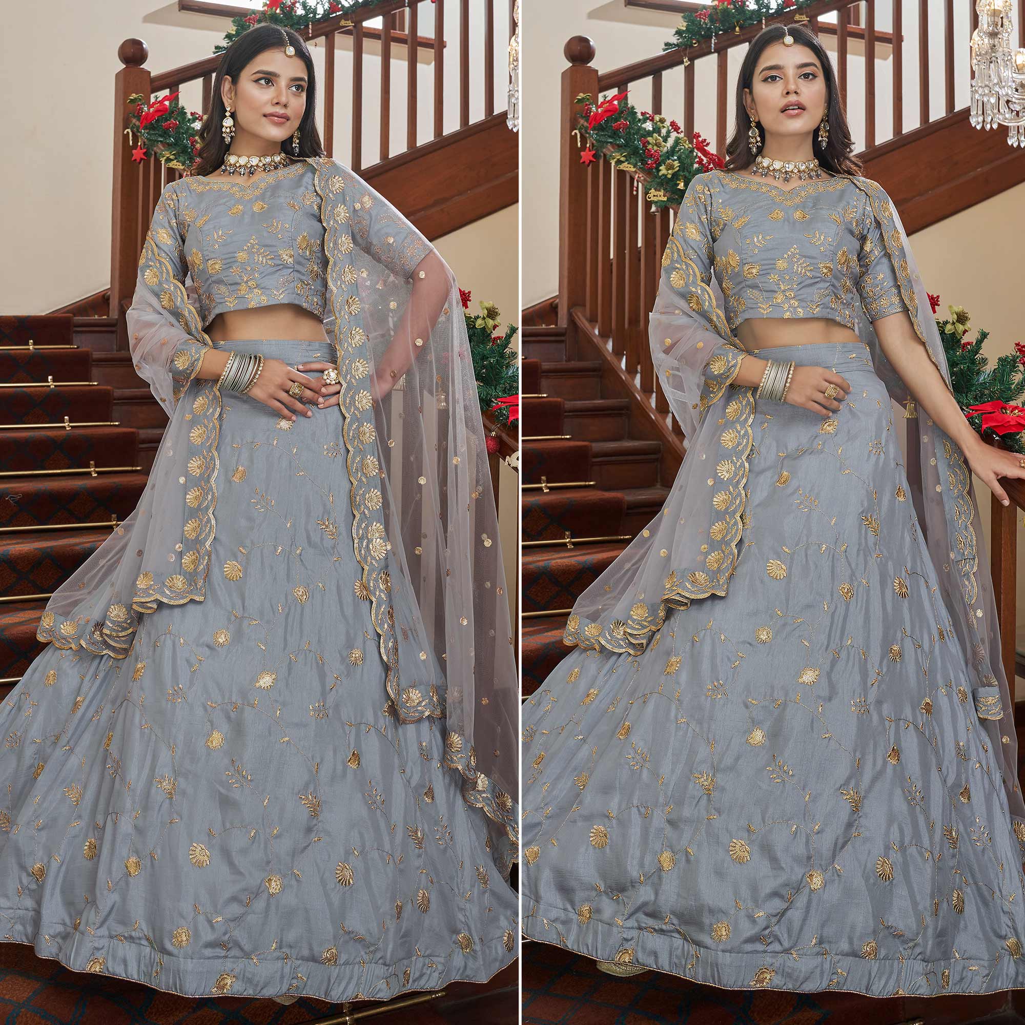 Peachmode Grey Sequins Embroidered Art Silk Lehenga Choli