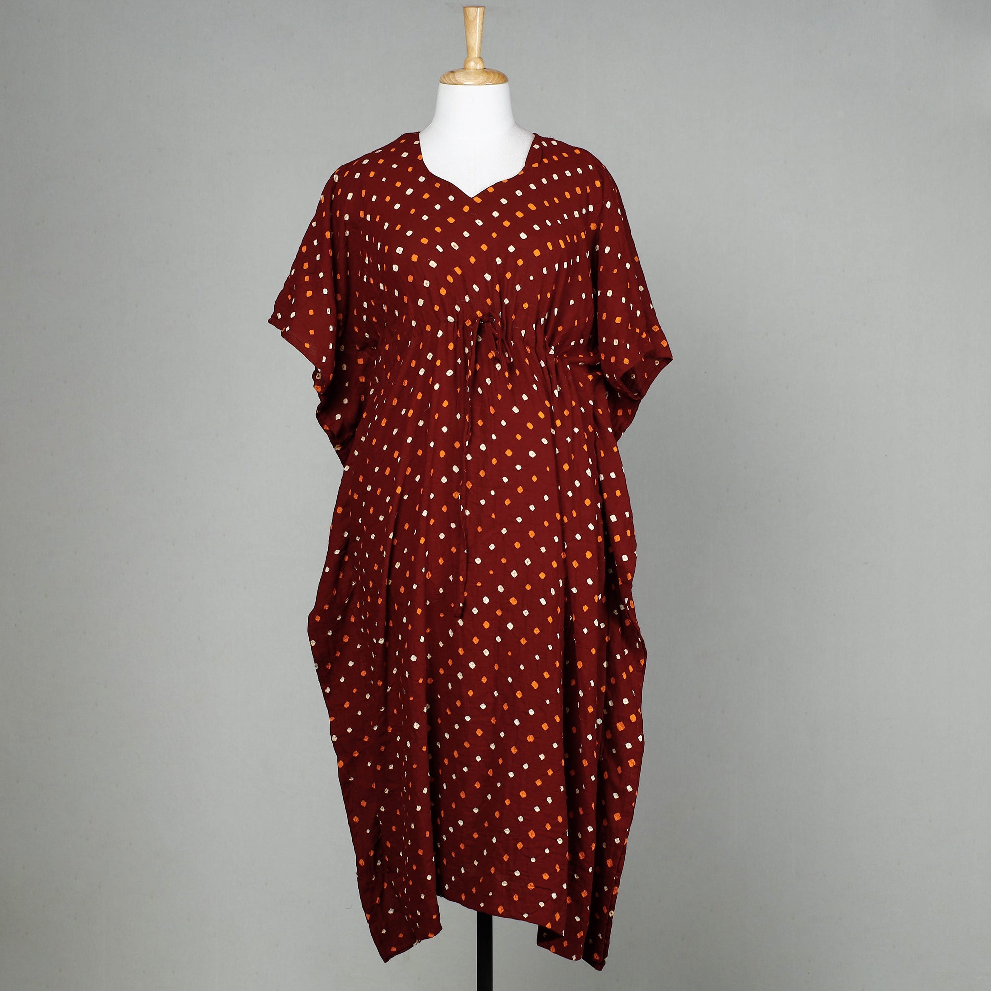 ITOKRI CASUALS Brown - Bandhani Tie-Dye Cotton Kaftan with Tie-Up Waist (Long)