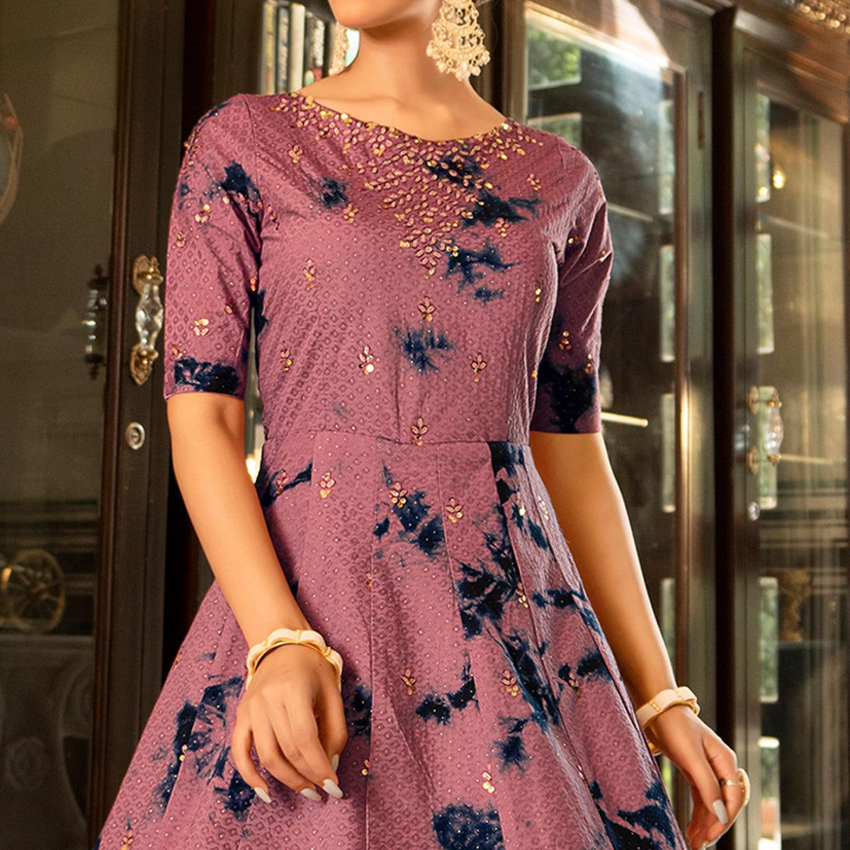 Peachmode Dusty Pink Digital Printed With Sequins Embroidered Cotton Blend Gown - view 2
