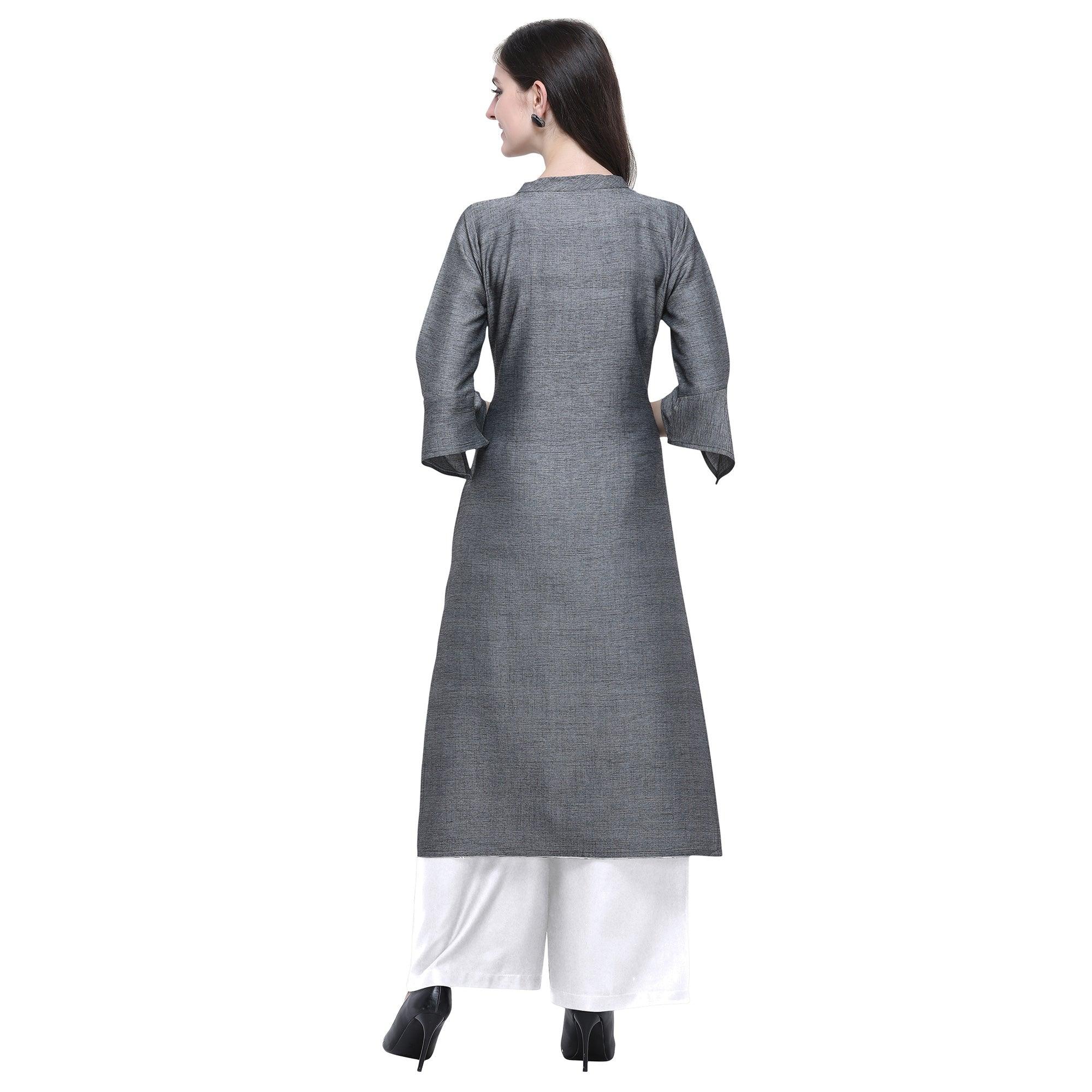 Peachmode Seller Energetic Grey Colored Casual Wear Embroidered Rayon Kurti-Palazzo Set - view 2