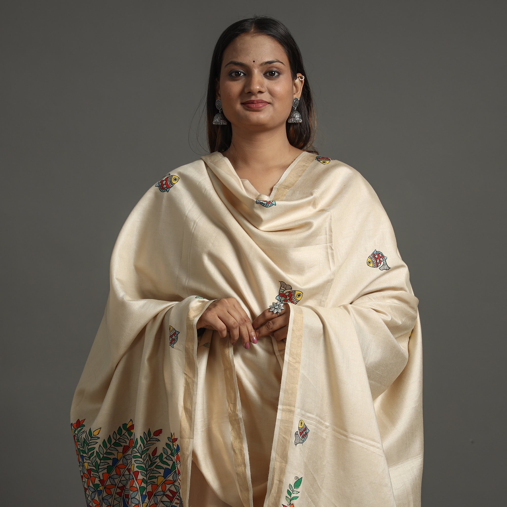 ITOKRI CRAFTS INITIATIVE Beige - Handpainted Tussar Cotton Handloom Madhubani Dupatta 08 - view 4