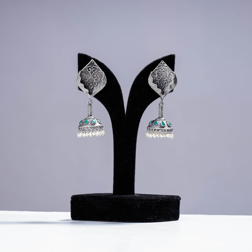 WHITE RIVER STORIES Antique Silver Finish Oxidised Brass Base Jhumki Earrings