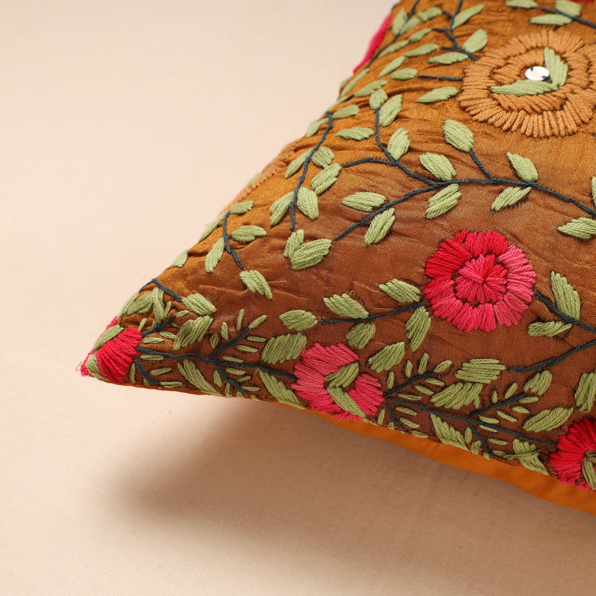 ITOKRI CRAFTS INITIATIVE Brown - Chanderi Silk Phulkari Hand Embroidered Cushion Cover - view 2