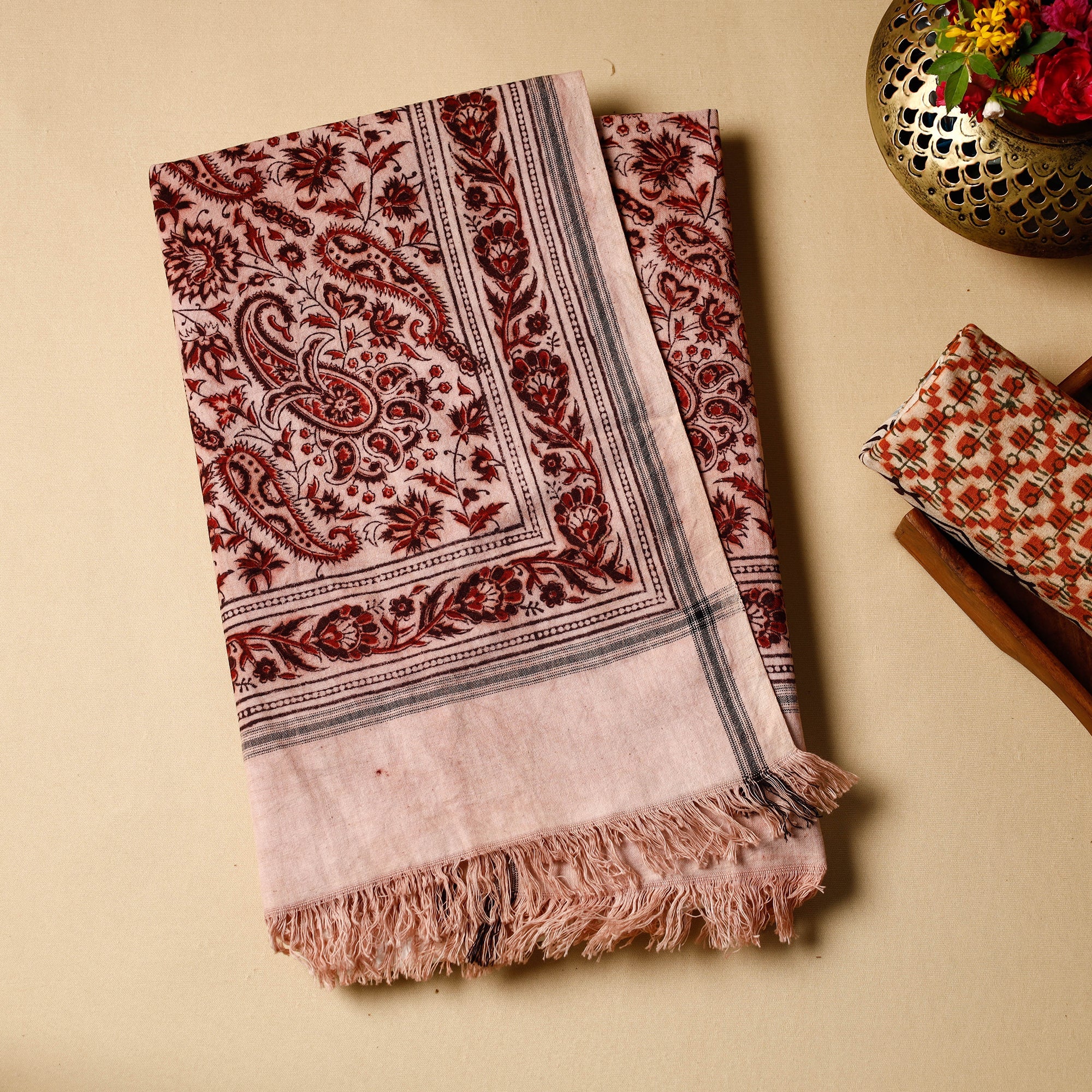 PITCHUKA SRINIVAS KALAMKARI PEDANA Beige - Pedana Kalamkari Block Printed Handloom Cotton Towel