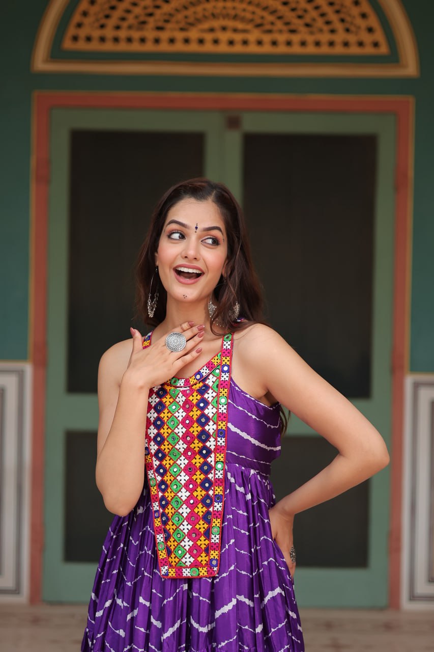 ClothsVilla Purple Graceful Leheriya Print Gown with Kutchi Patchwork - view 4