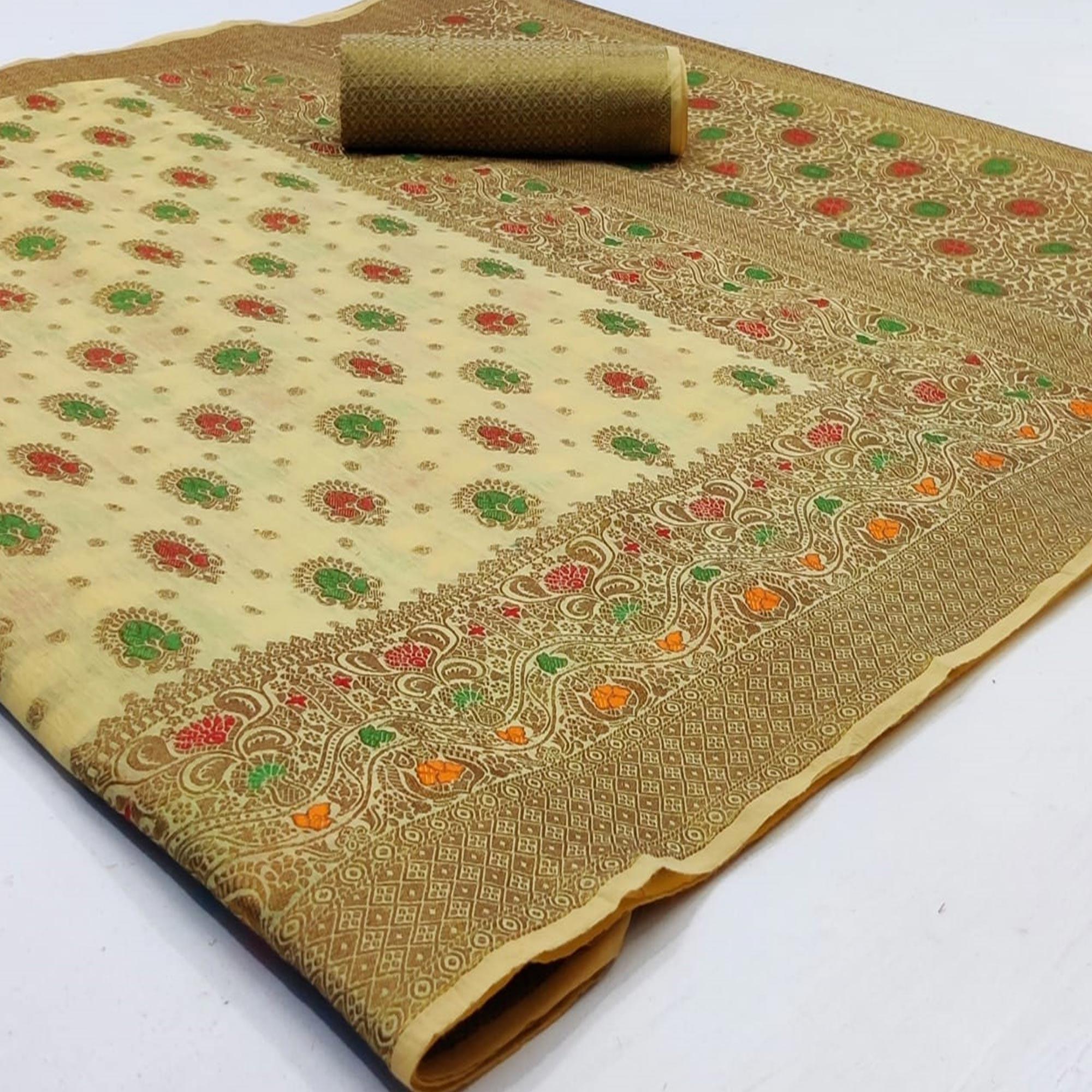 Peachmode Exotic Light Green Colored Festive Wear Woven Cotton Saree