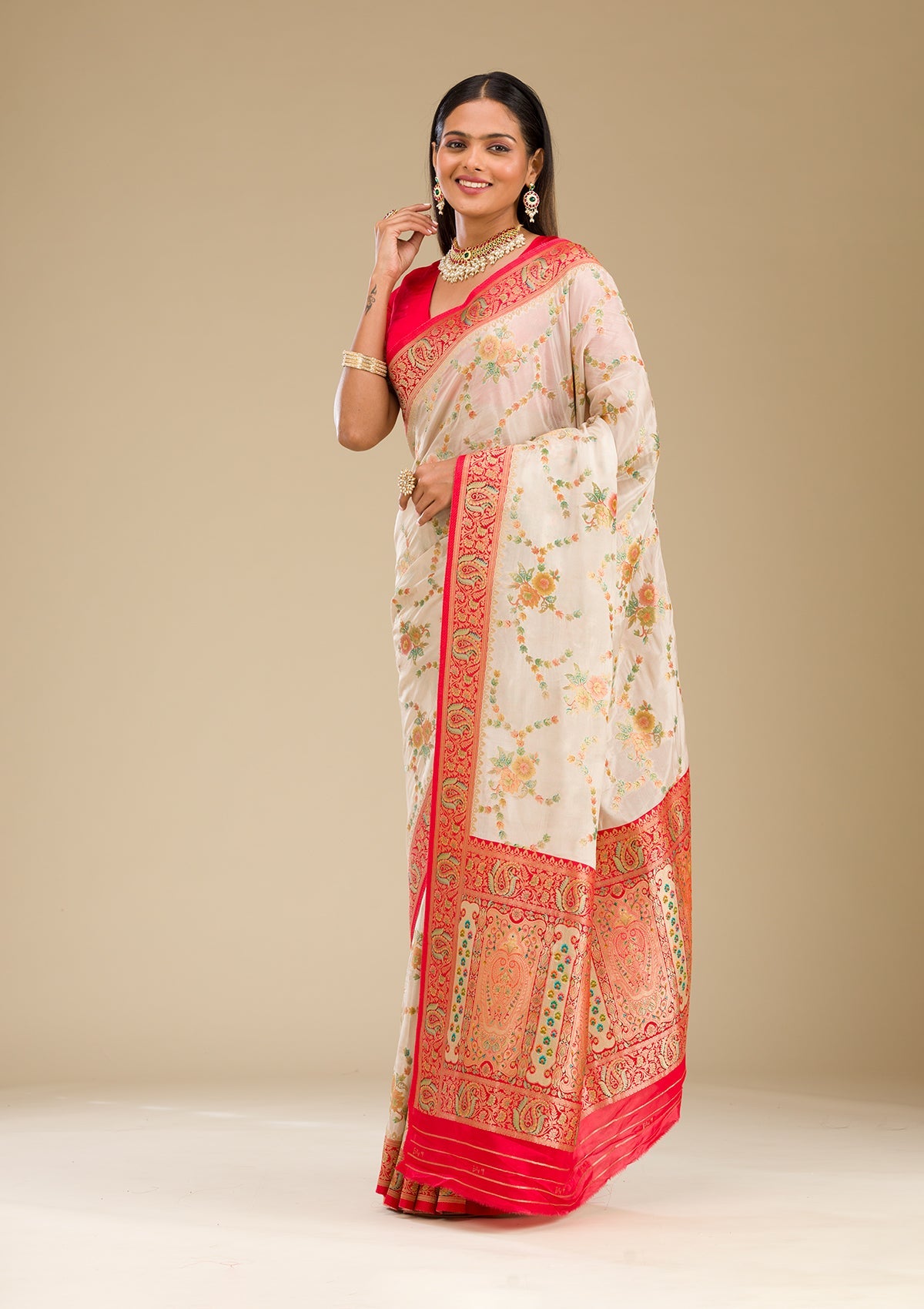 Koskii Beige Zariwork Banarasi Silk Saree – Women's - view 3