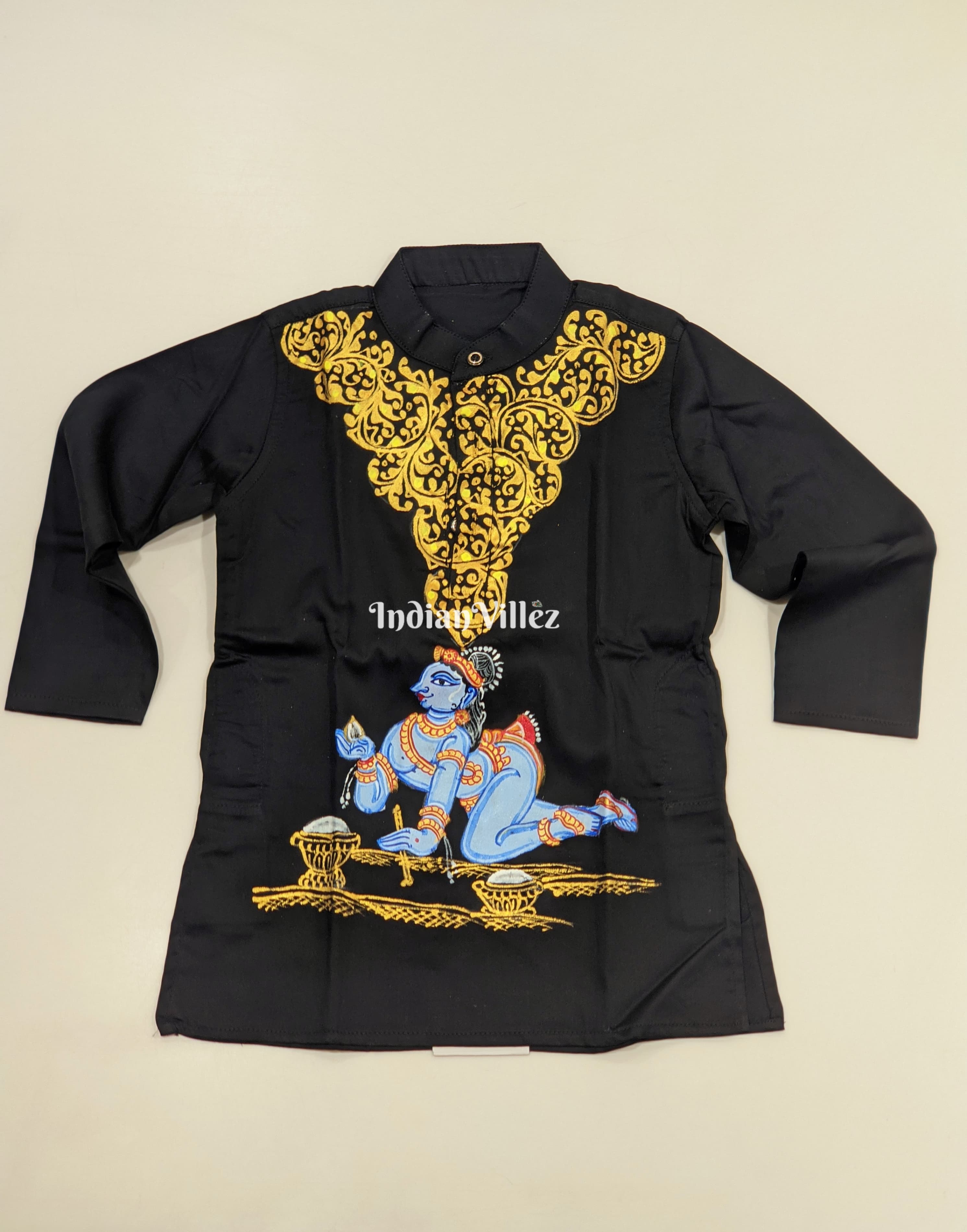 IndianVillèz Black Boys Krishna Theme Pattachitra Kids Kurta & Pyjama Set - view 2