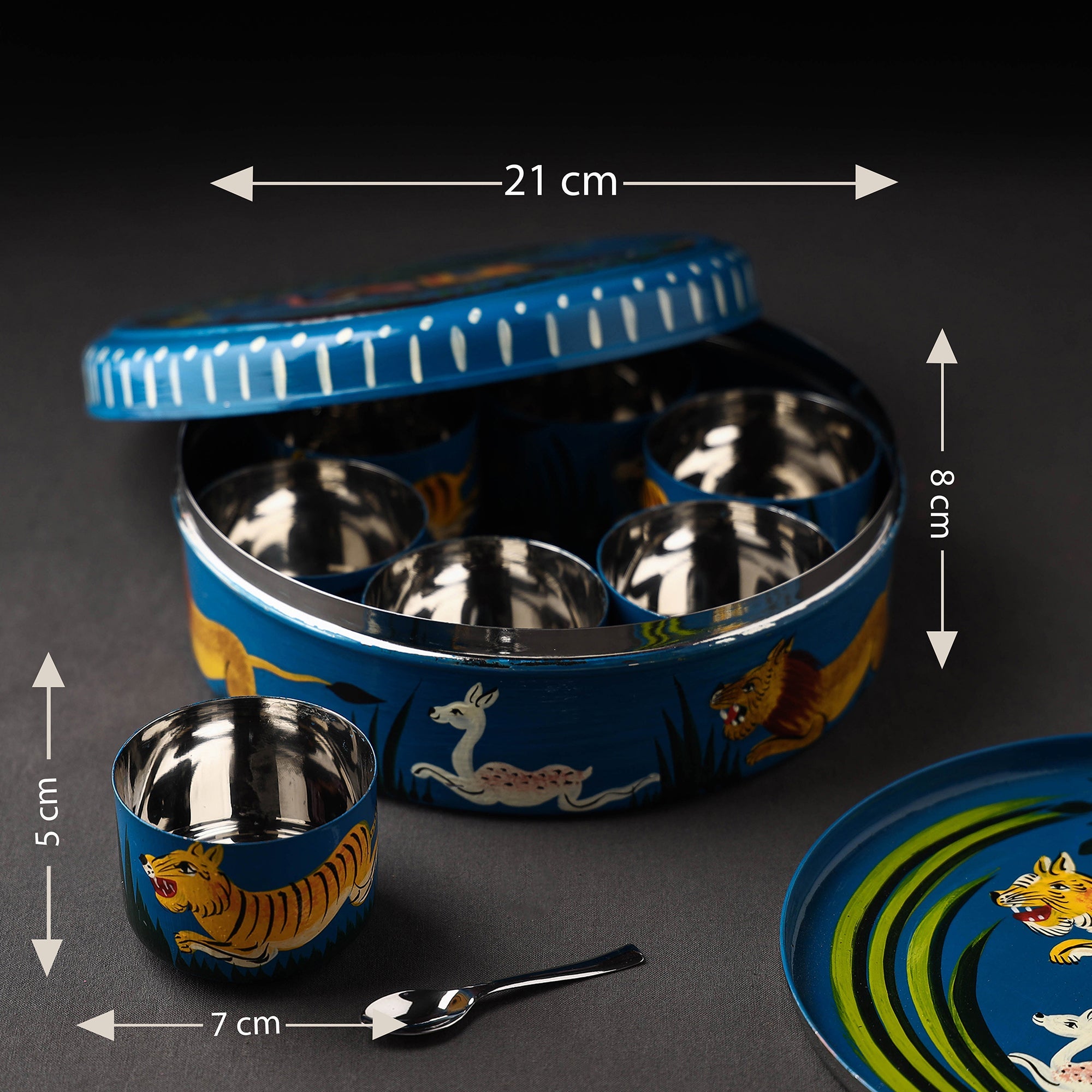 AAYAAS Blue - Banaras Handpainted Stainless Steel Masala Box (7 x 7 in) - view 4