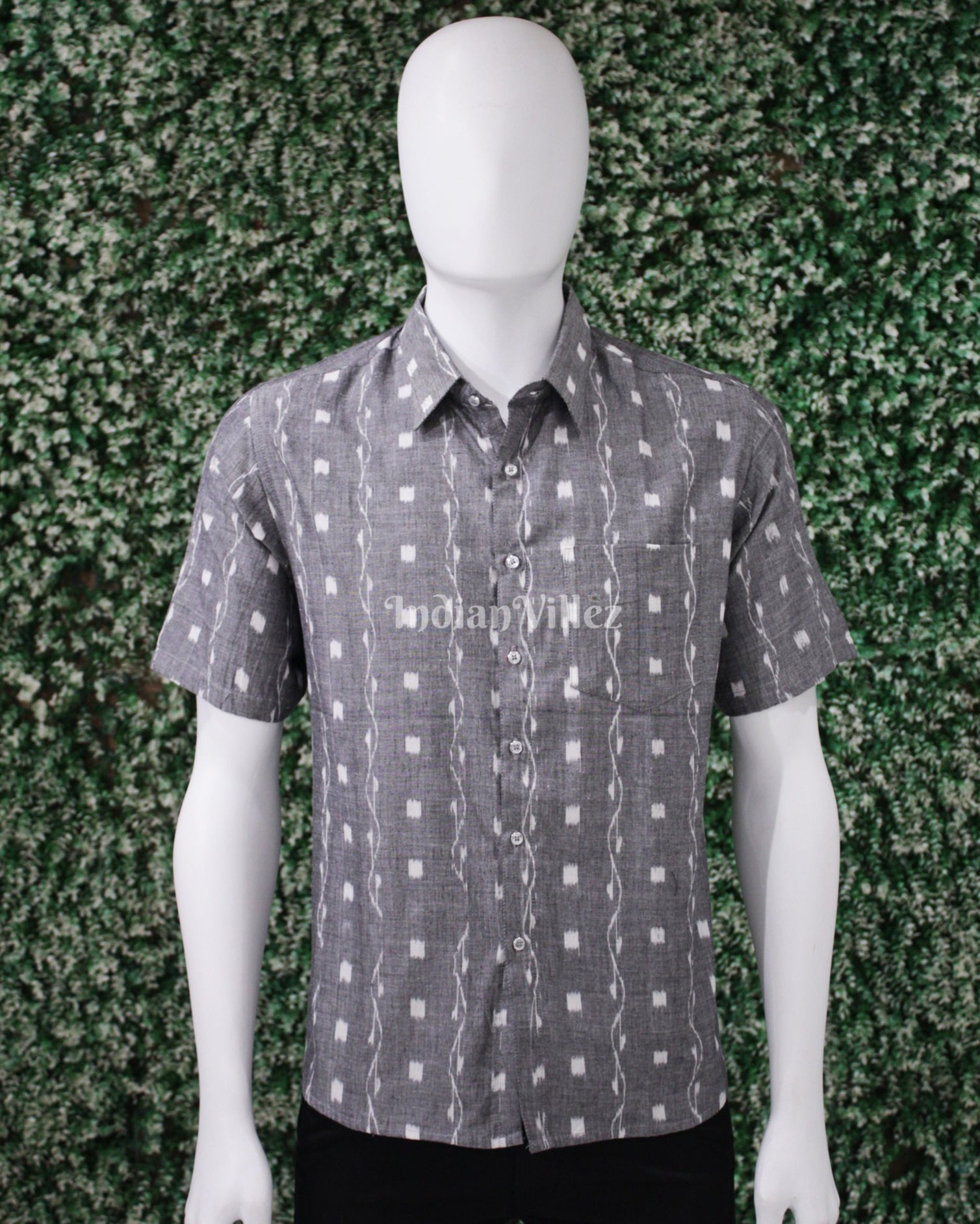 IndianVillèz Grey Odisha Ikat Cotton Half Sleeve Shirt for Men