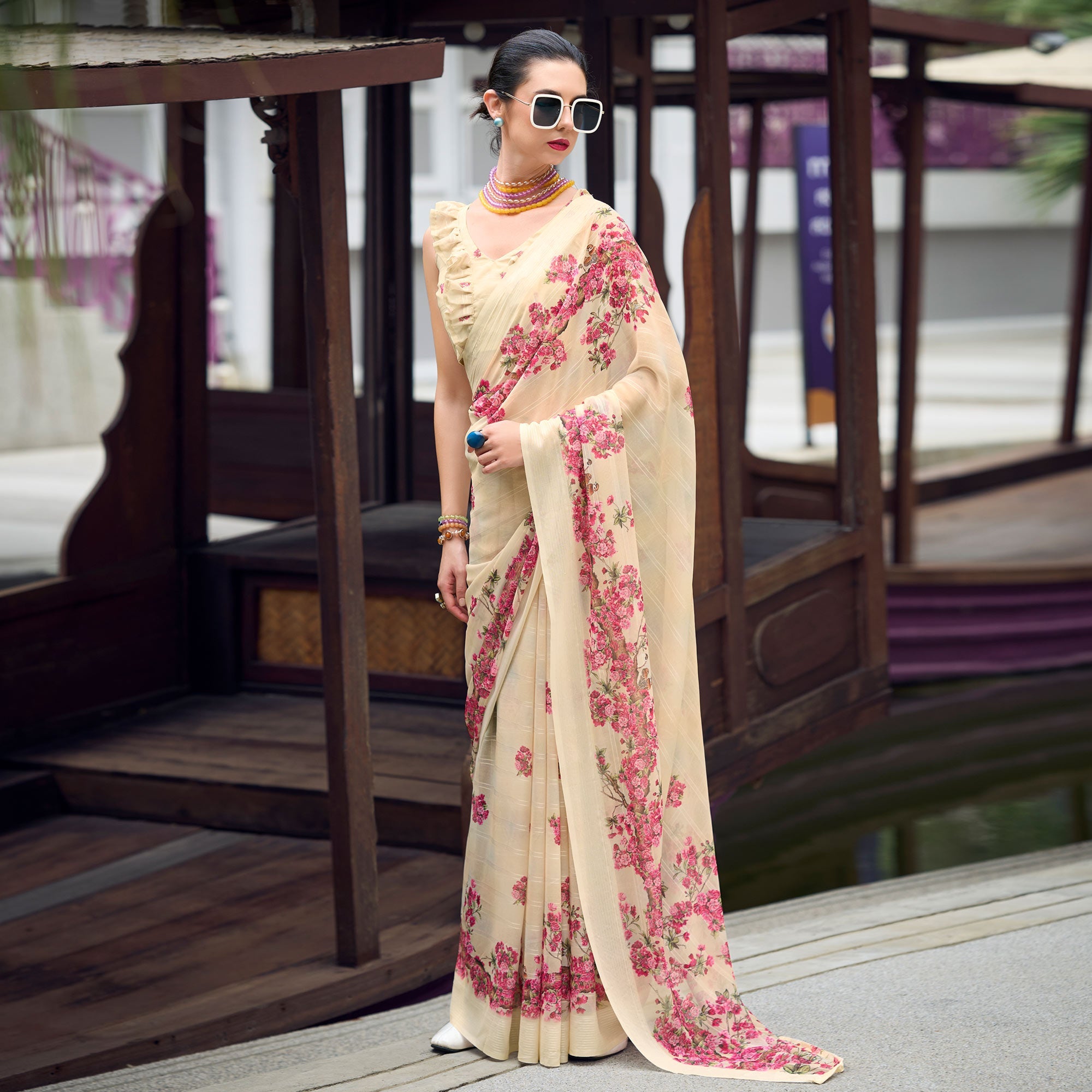 Peachmode Cream Floral Digital Printed Georgette Saree