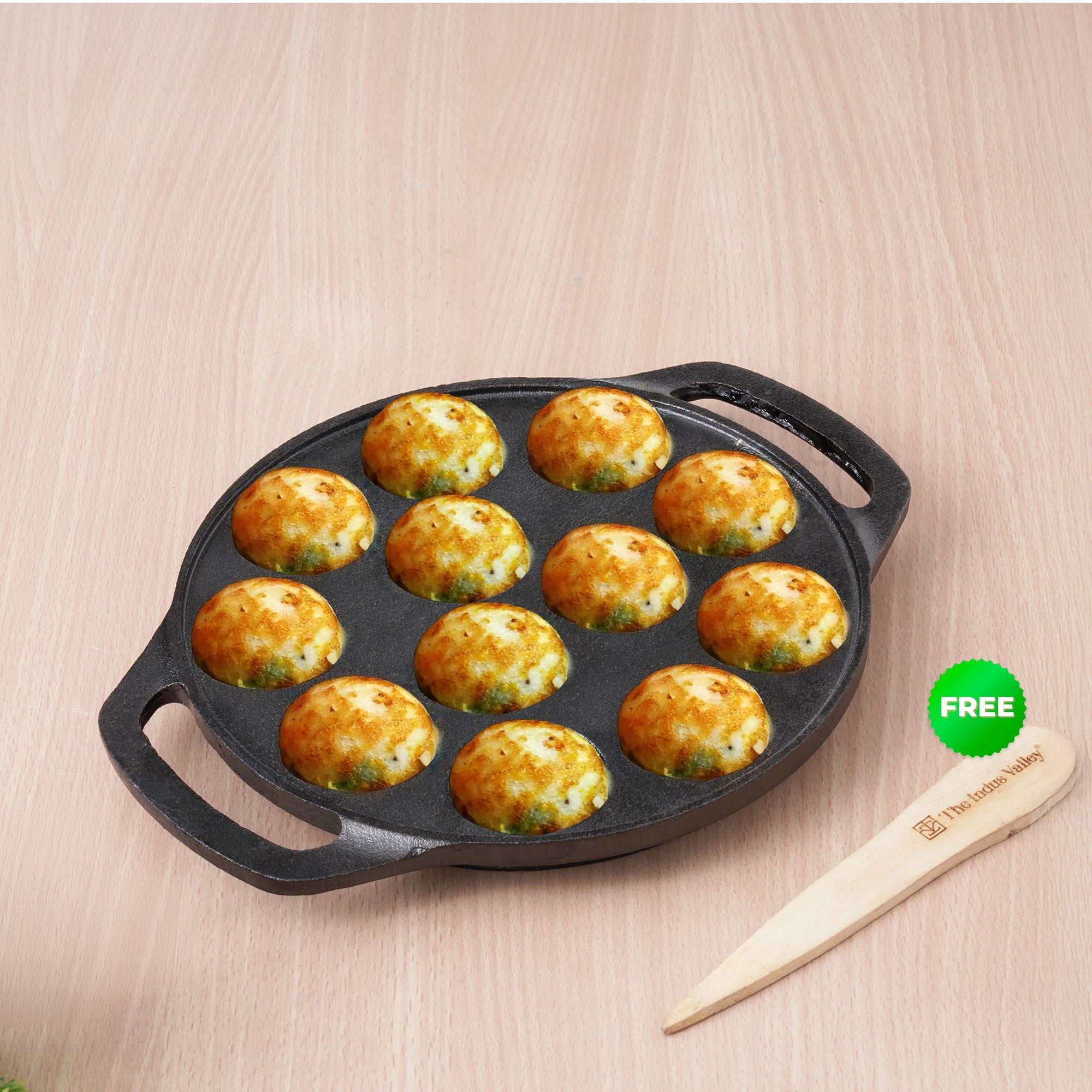 The Indus Valley 12 Pit/Cup CASTrong Cast Iron Kuzhi Paniyaram/Paddu Pan/Appe Maker+ Free Spatula, Pre-seasoned, 100% Pure, Toxin-free, 21 cm, 2.2 kg