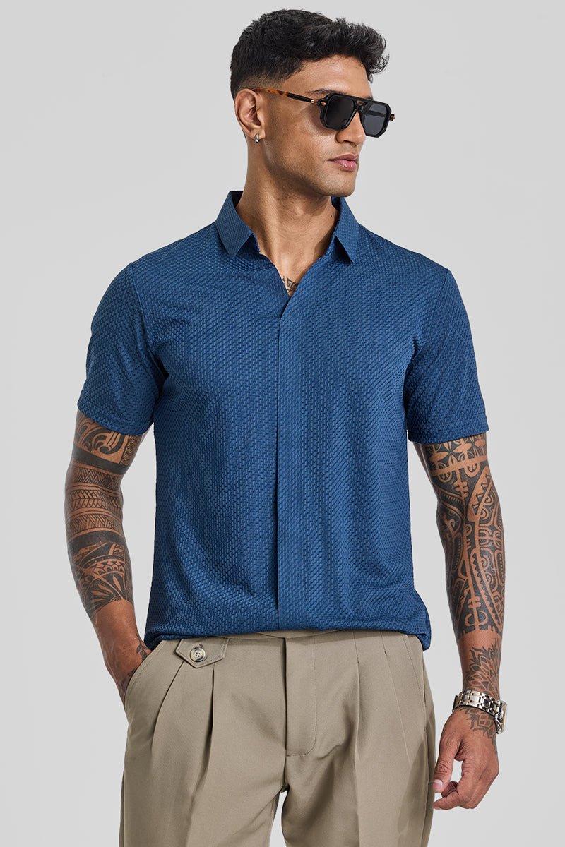 SNITCH Blue Textured Polo T-Shirt