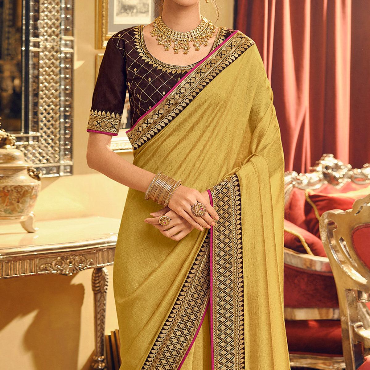 Peachmode Light Yellow Partywear Embroidered Silk Saree - view 2