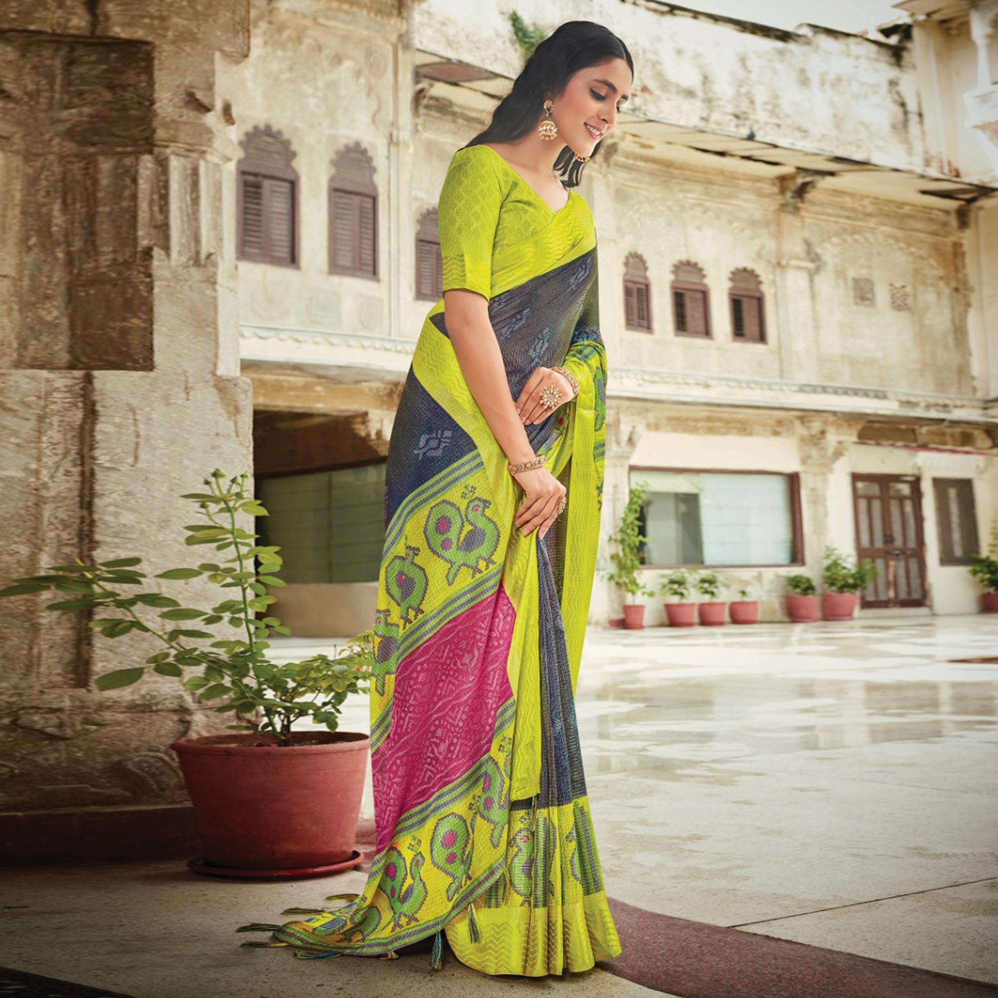 Peachmode Grey-Green Festive Wear Printed Brasso Saree