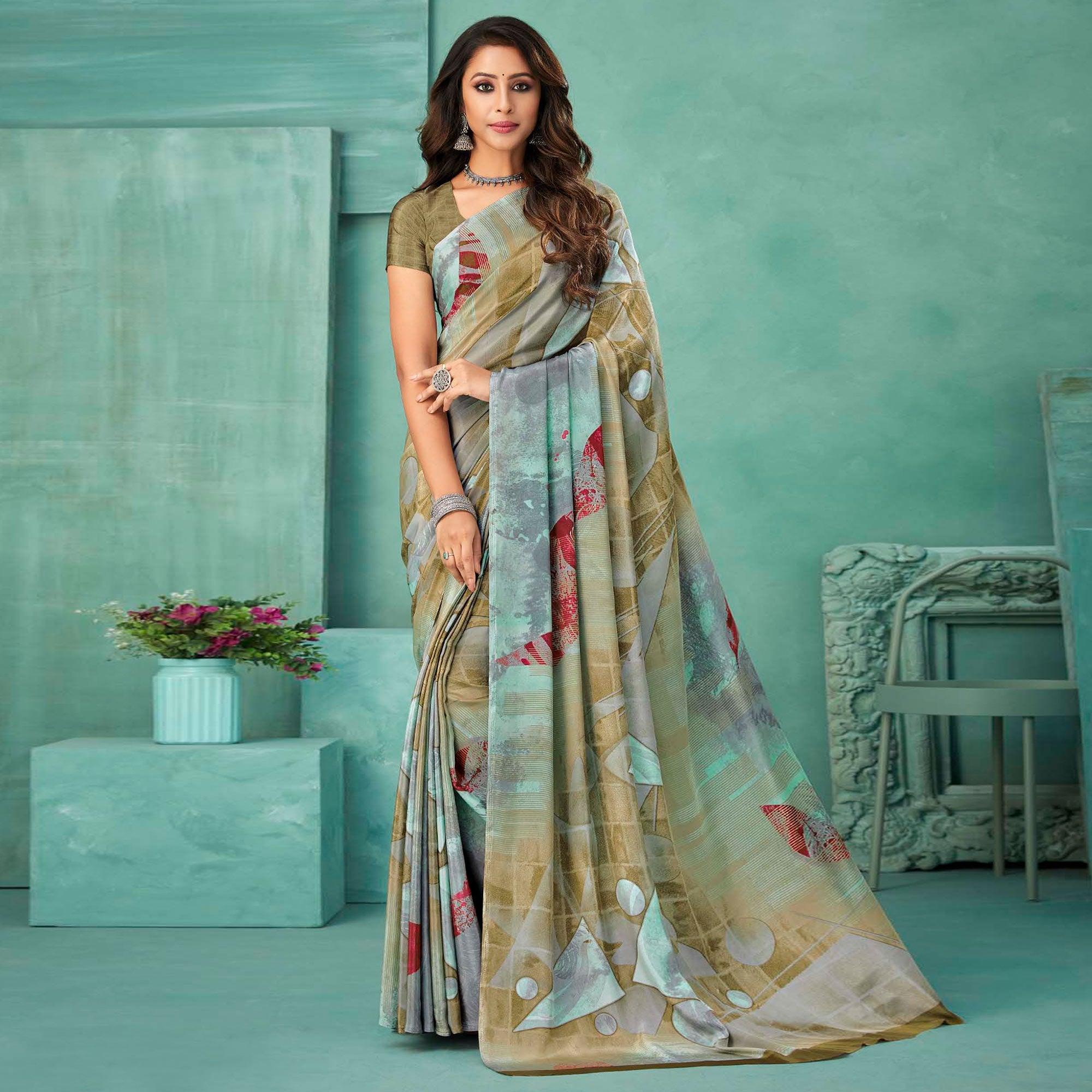 Peachmode Brown Printed Crepe Saree – Women's