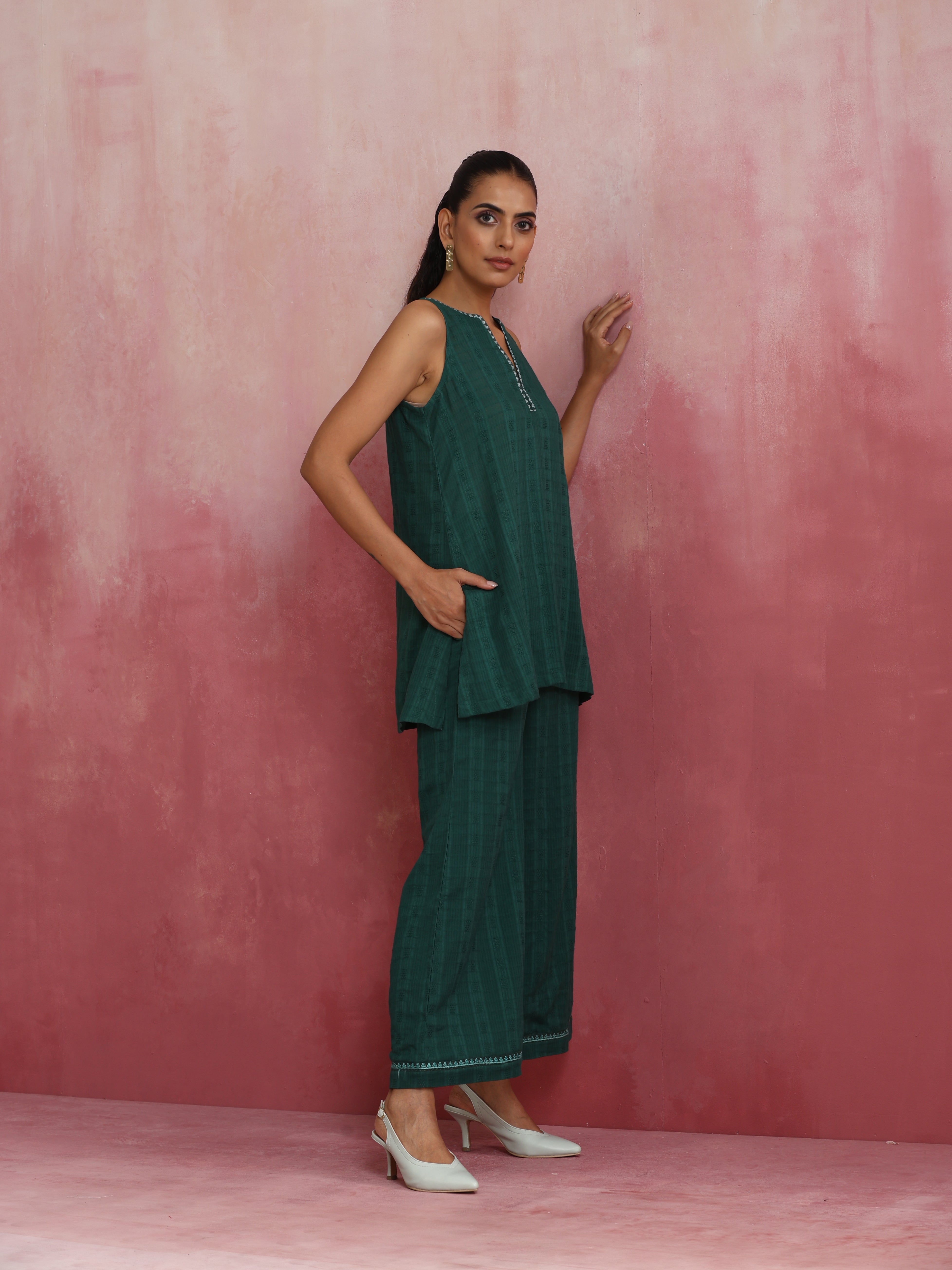 trueBrowns Dark Green Cotton Dobby Co-ord set - view 3