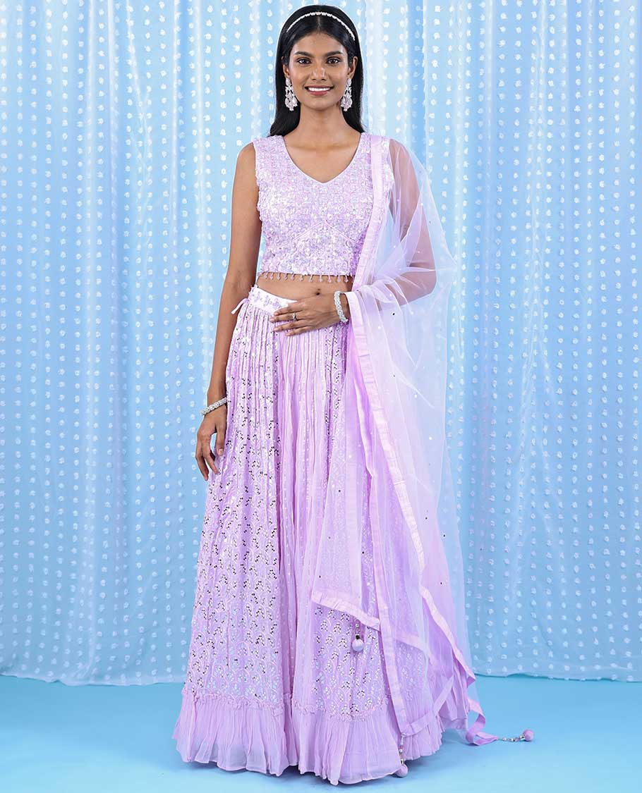 TheShoppothys Pale pink georgette readymade lehenga with chamki,mirror,sugar bead & stone embroidery V-neck crop top & intricate skirt