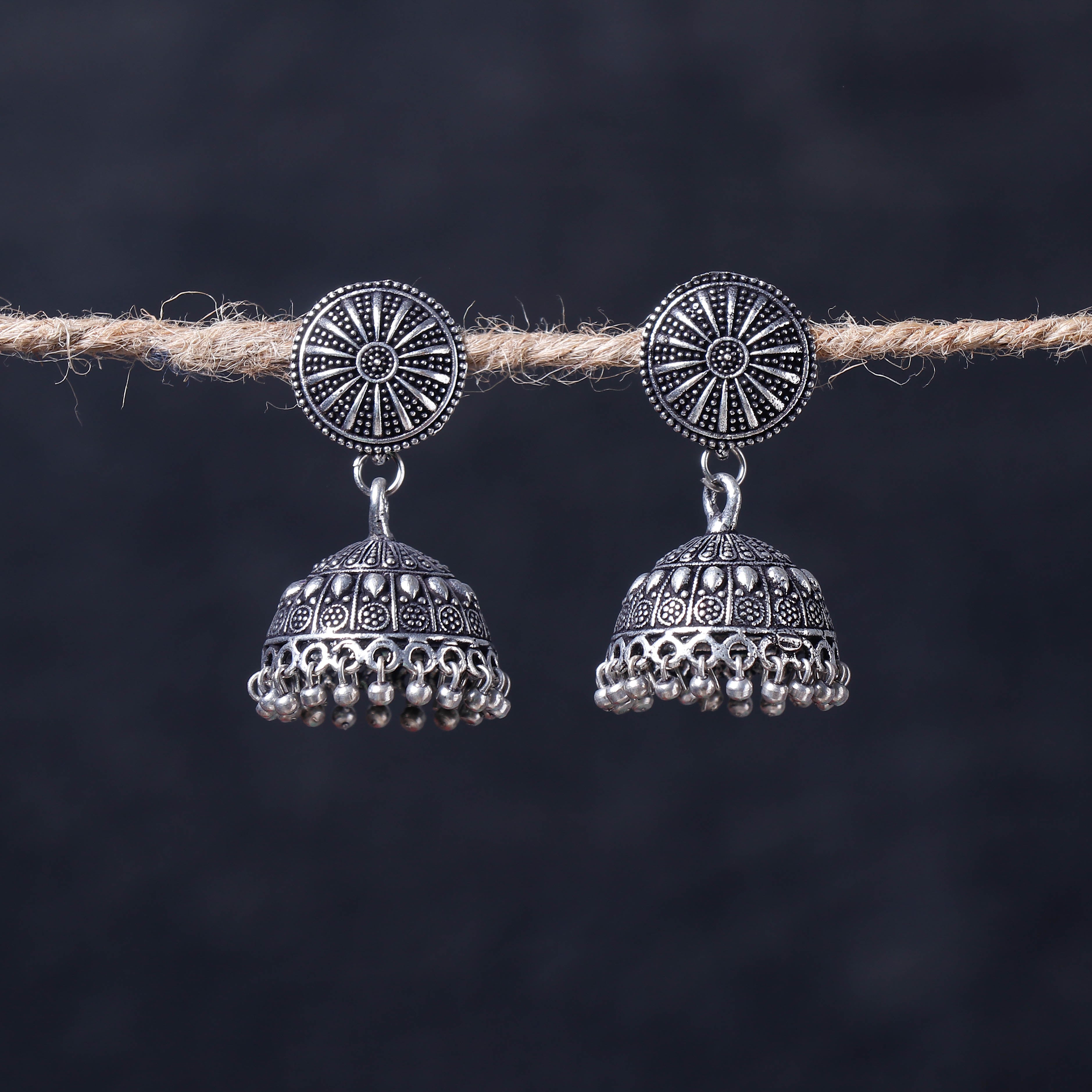 WHITE RIVER STORIES Antique Silver Finish Oxidised Brass Base Jhumka Earrings