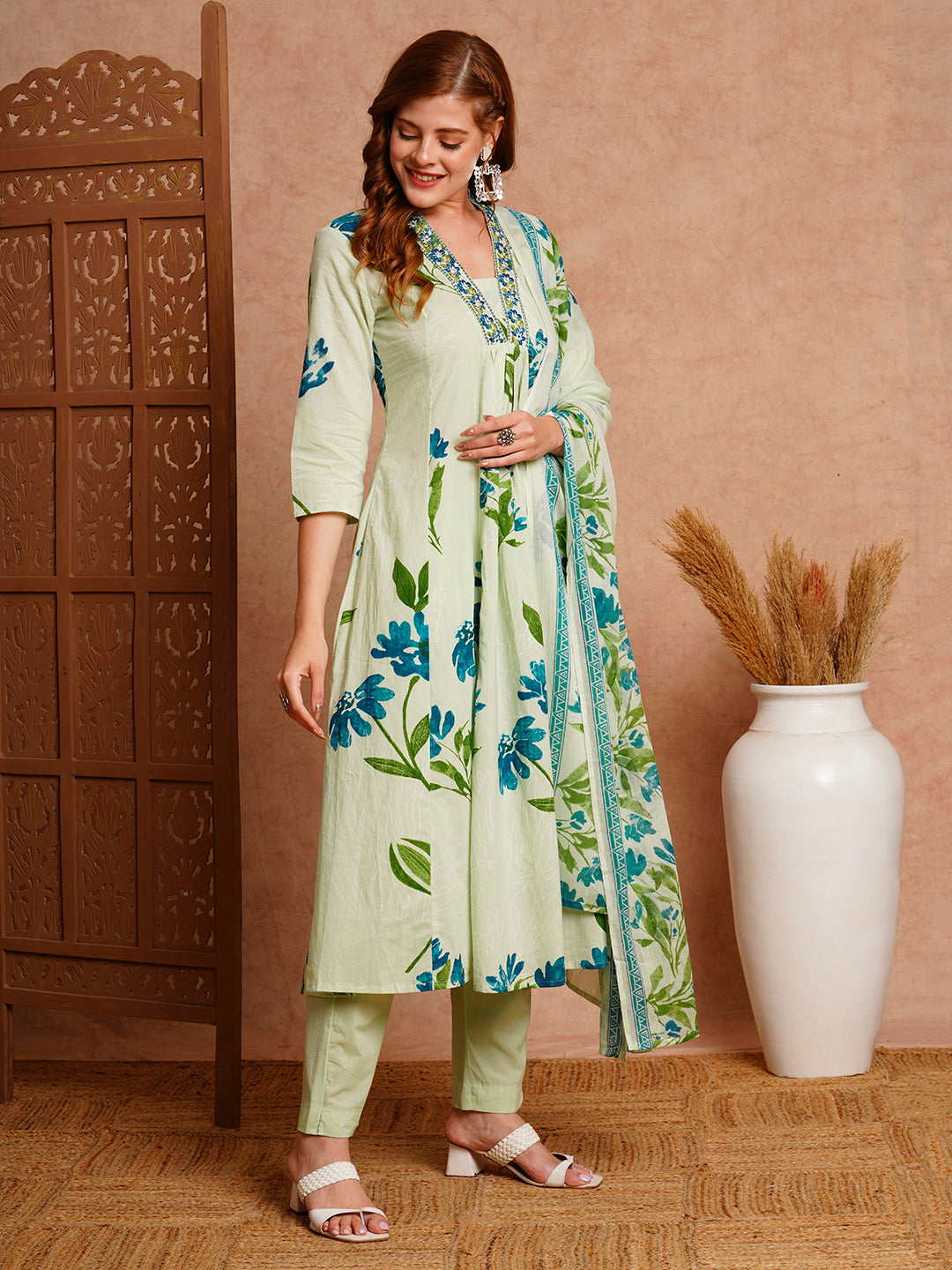 FASHOR Floral Printed & Embroidered A-Line Paneled Kurta with Pant and Dupatta - Mint Green - view 5