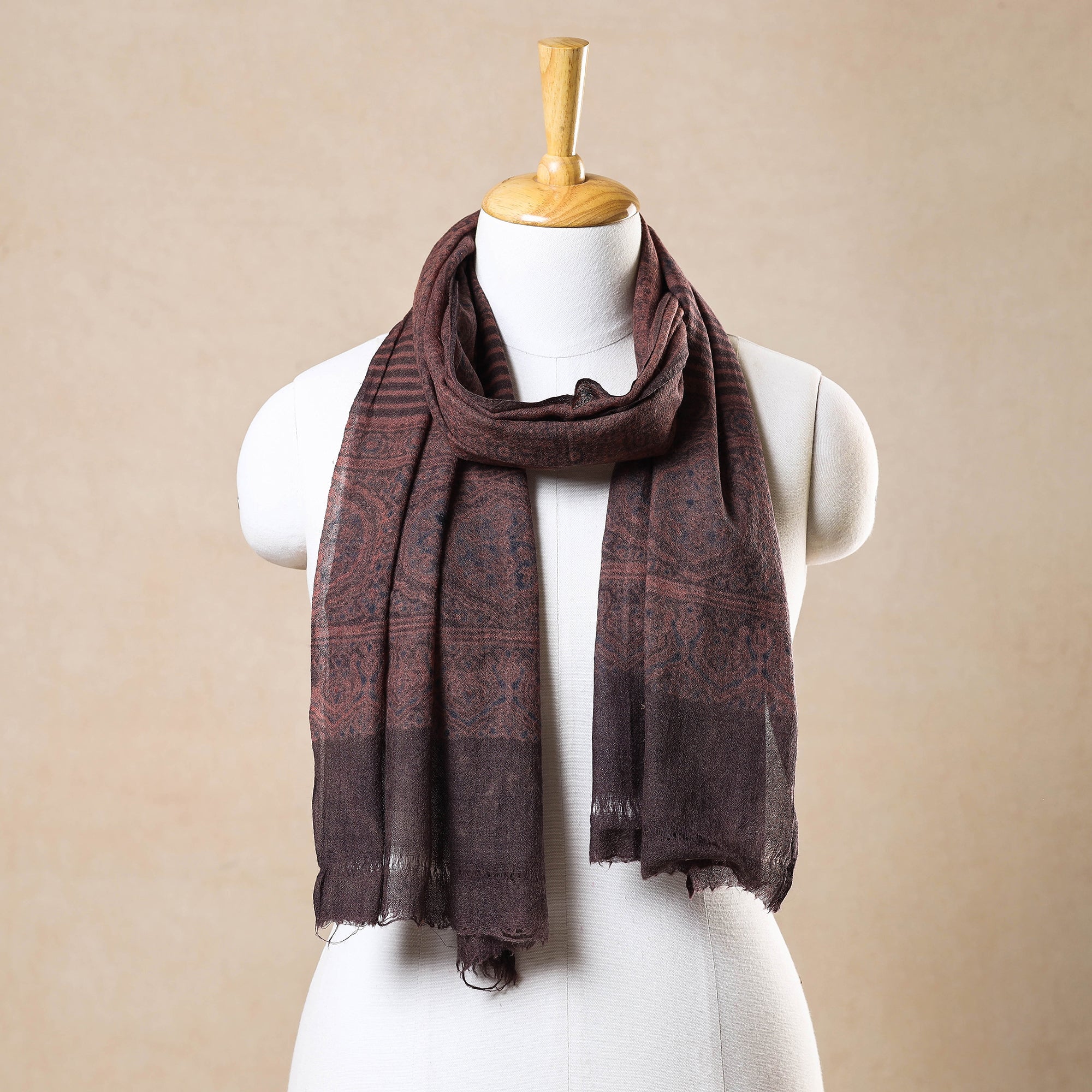 AJRAKH BY JABBAR KHATRI Brown - Ajrakh Hand Block Printed Pure Woolen Stole