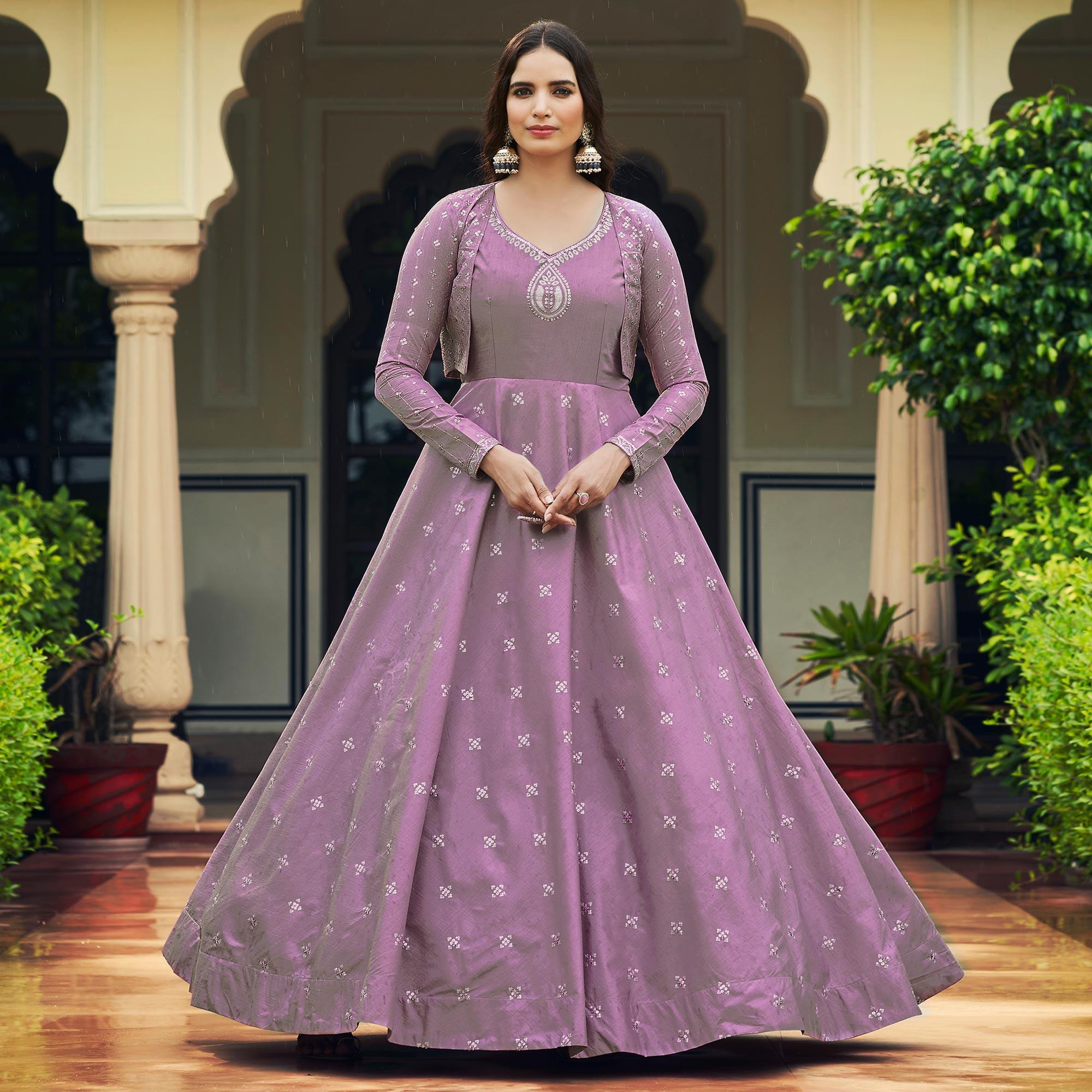 Peachmode Lavender Sequins Embroidered Pure Cotton Gown With Koti