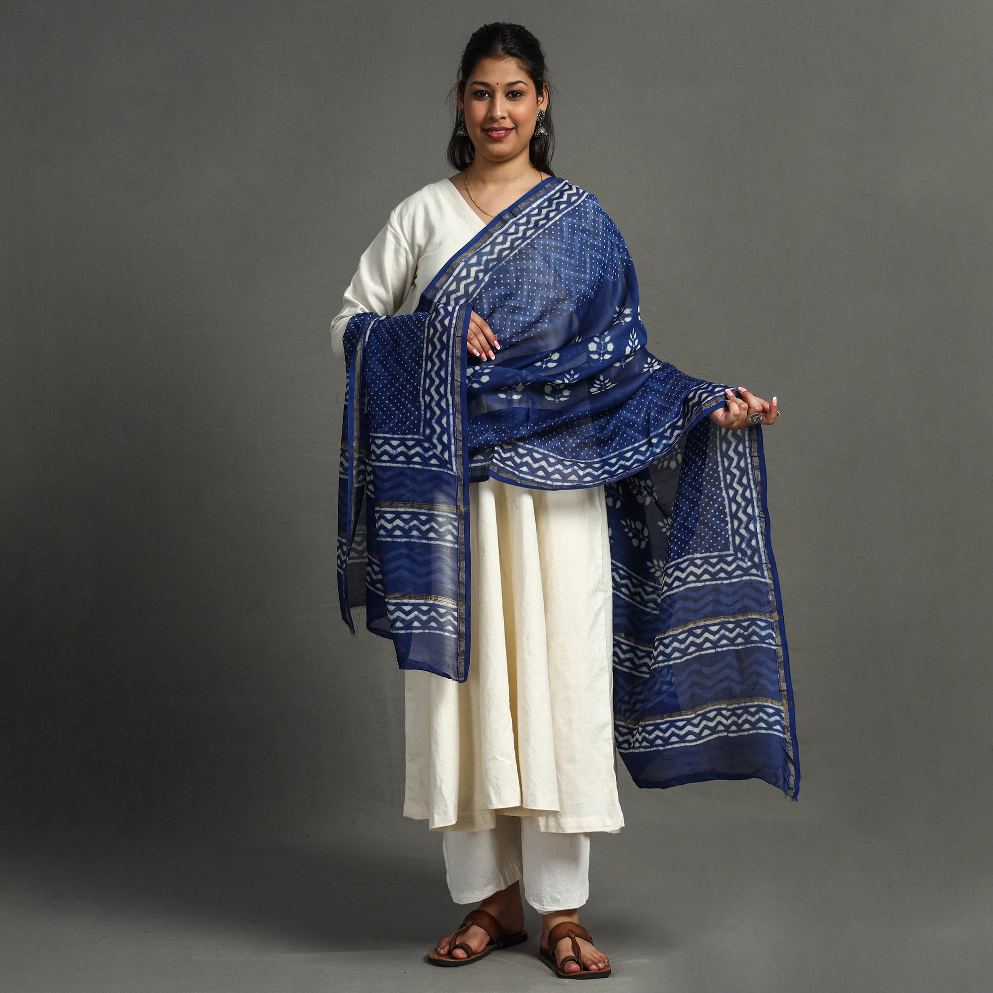 BAGRU DABU PRINTS Blue - Hand Block Print Chanderi Silk Dabu Bagru Dupatta 70 - view 2